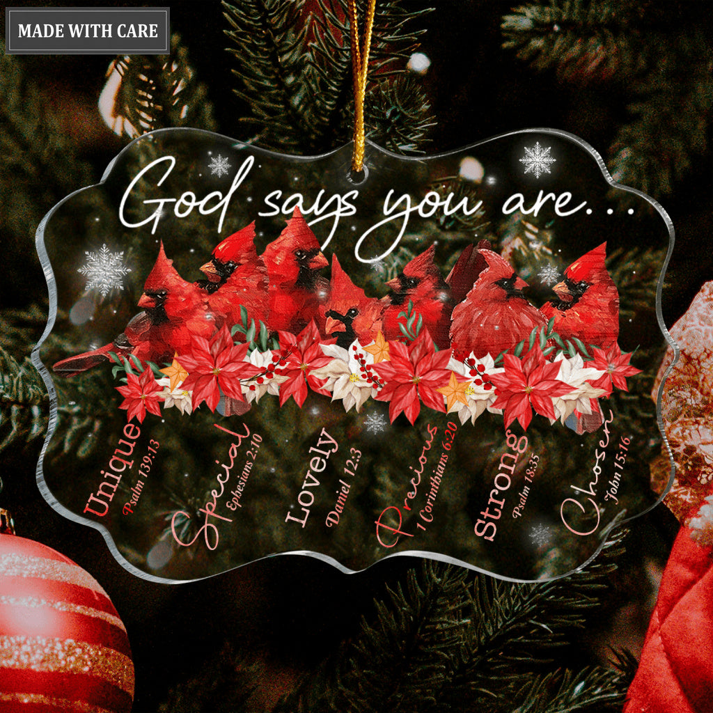 Christmas Cardinal Birds And Poinsettia Flowers God Says You Are Transparent Ornament