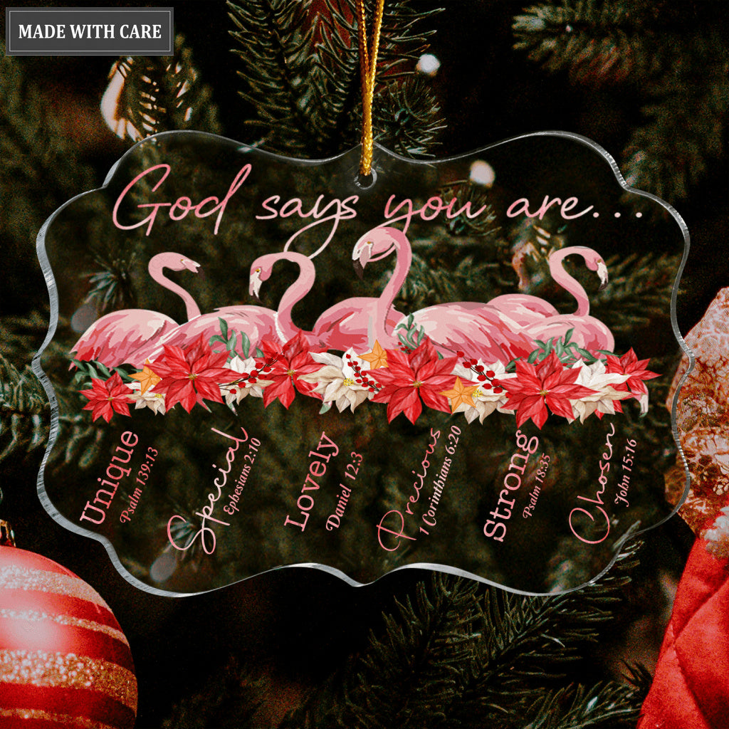Pink Flamingo And Poinsettia God Says You Are Transparent Ornament