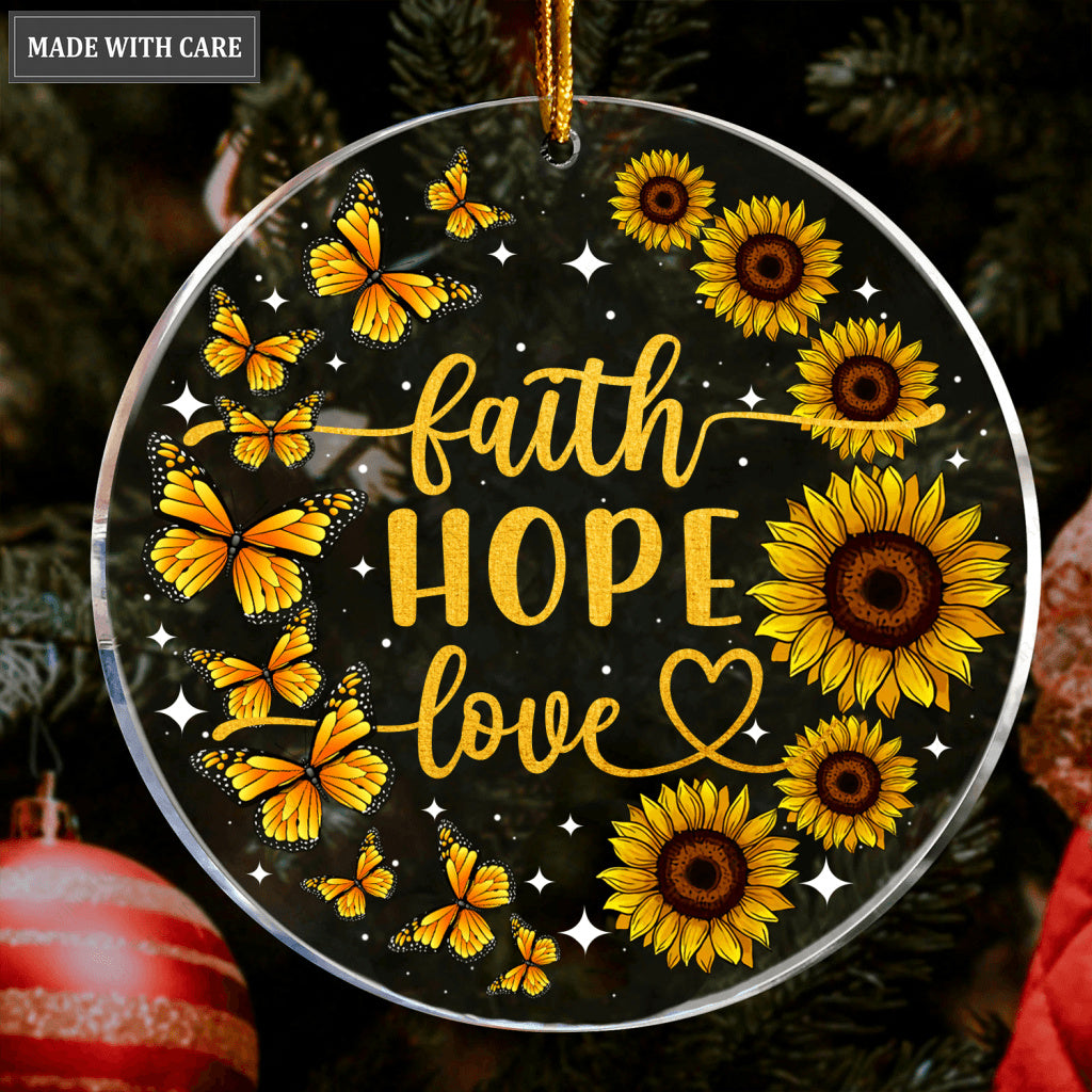 Sunflower Butterfly Glitter Faith Hope Love Transparent Ornament