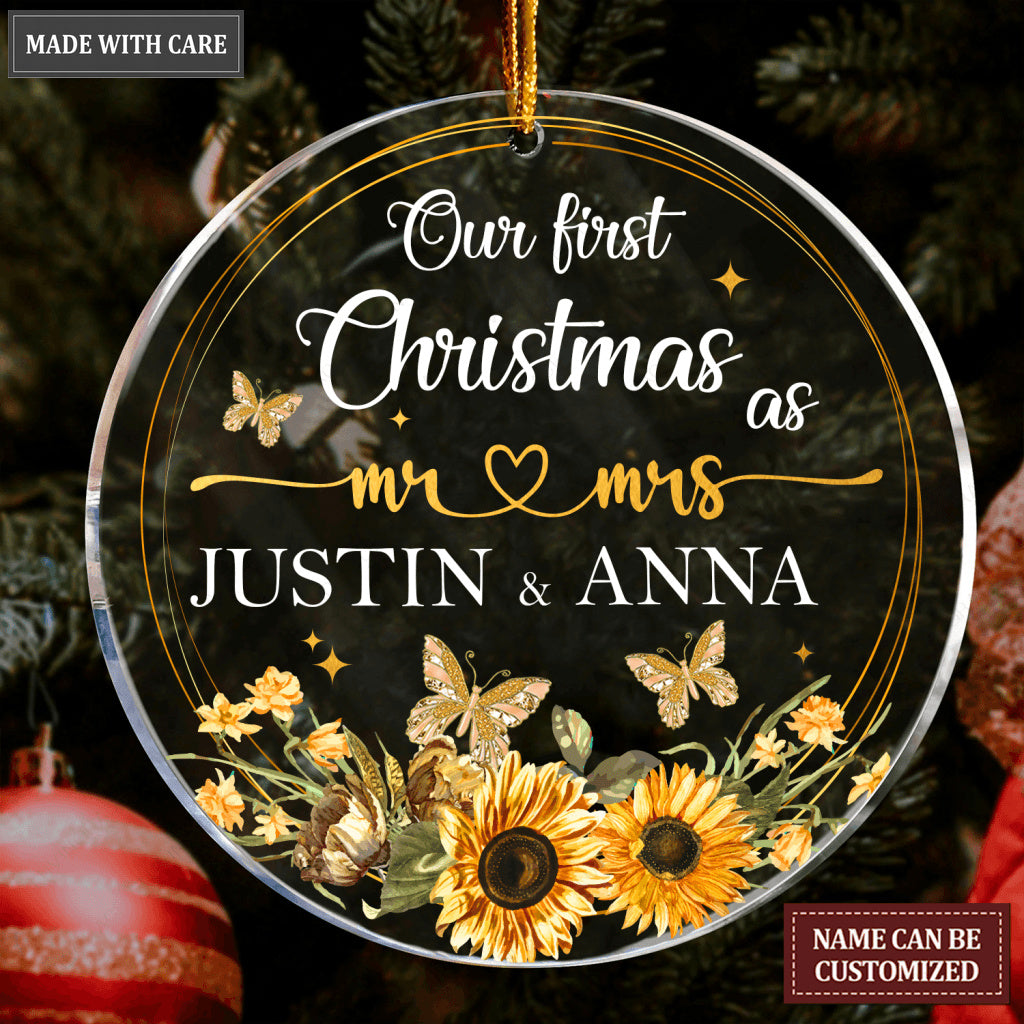 Sunflower Frame Butterfly Our First Christmas Couple Personalized Transparent Ornament