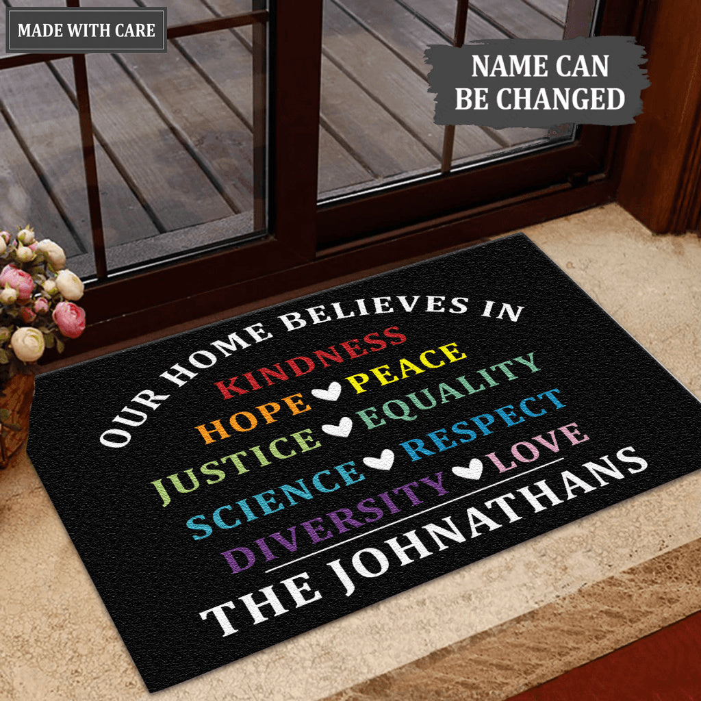 Our Home Believes In KIndness Hope Peace Personalized Doormat