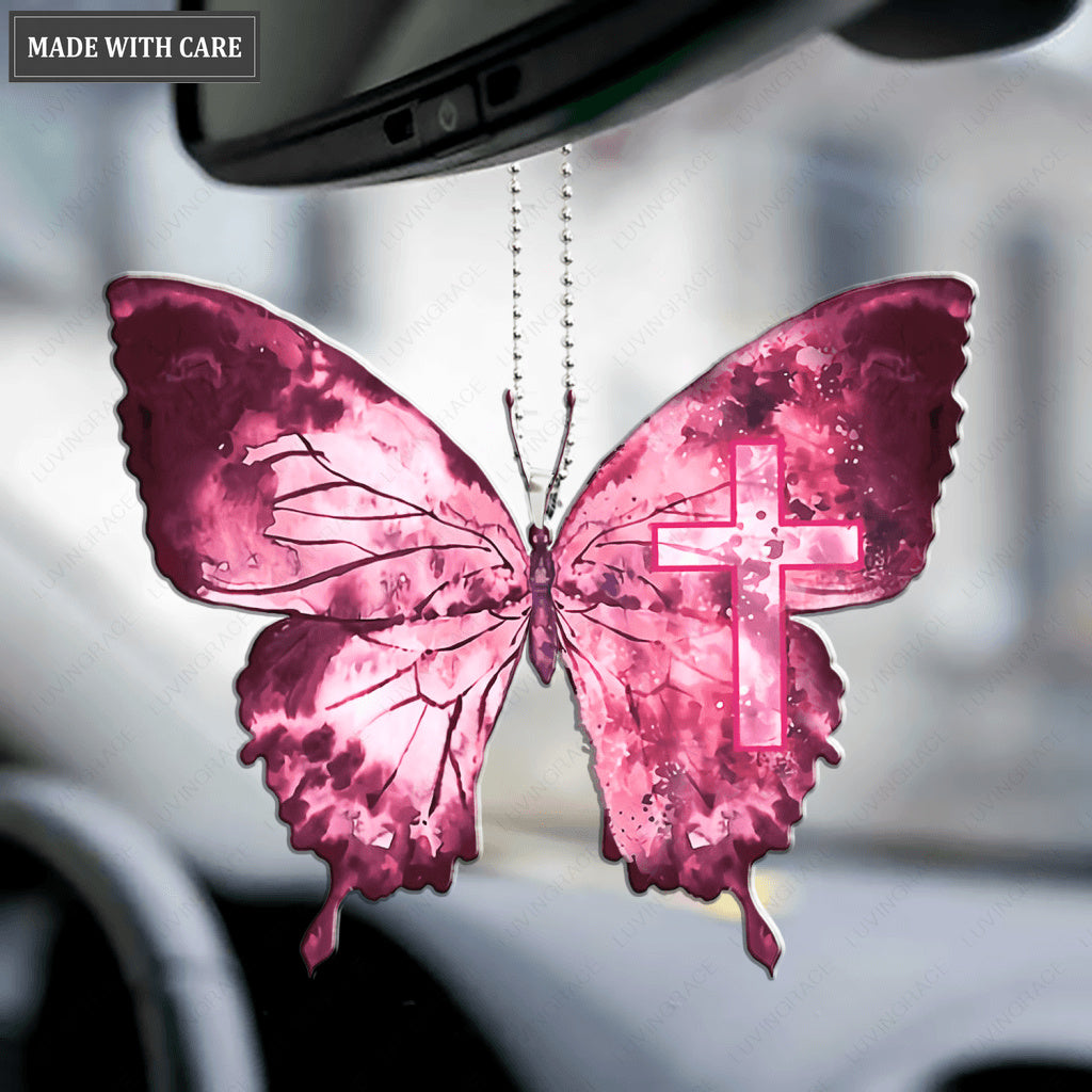 Cross Pink Butterfly Ornament
