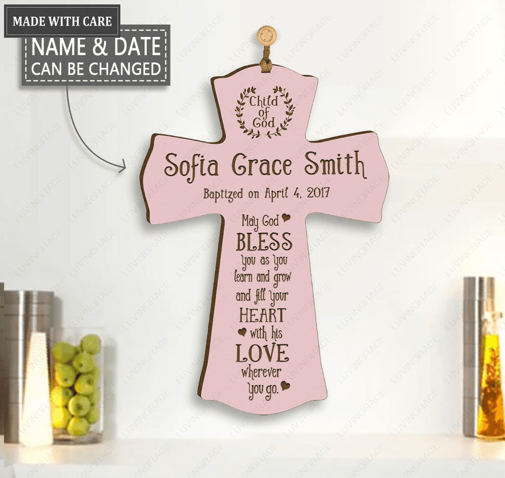 Personalized Pink Hanging Cross Baptism Gift