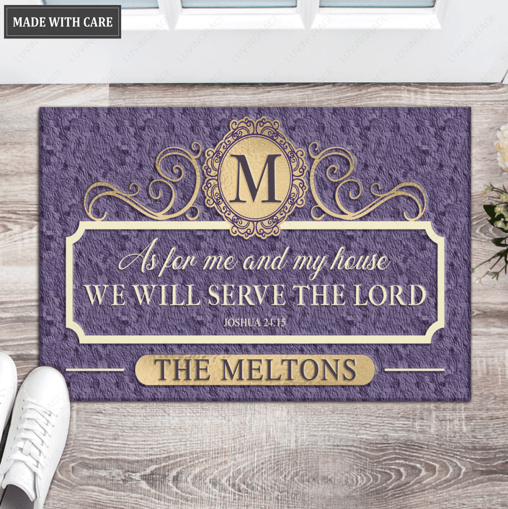 Elegant Purple Family Home Serve The Lord Personalized Doormat