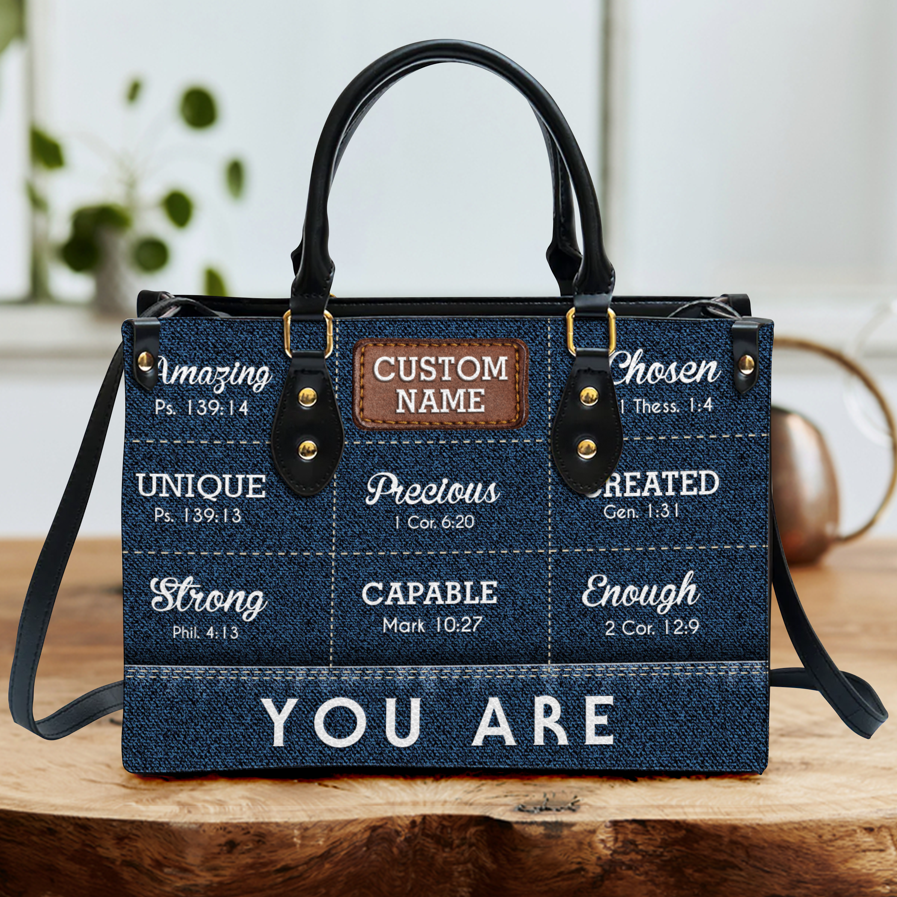 Blue Jean Texture Inspirational You Are Custom Leather Handbag - Personalized Custom Leather Bag