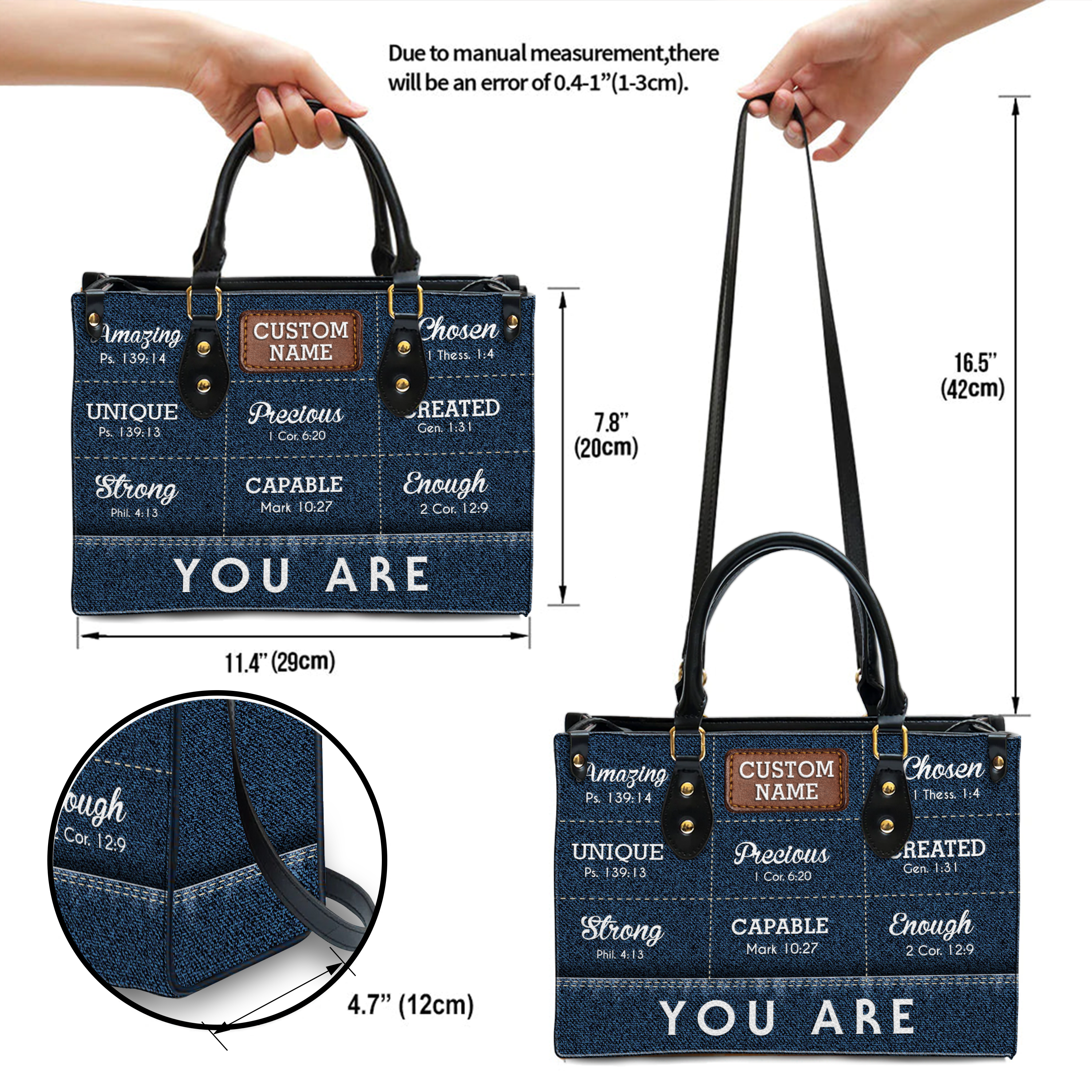 Blue Jean Texture Inspirational You Are Custom Leather Handbag - Personalized Custom Leather Bag