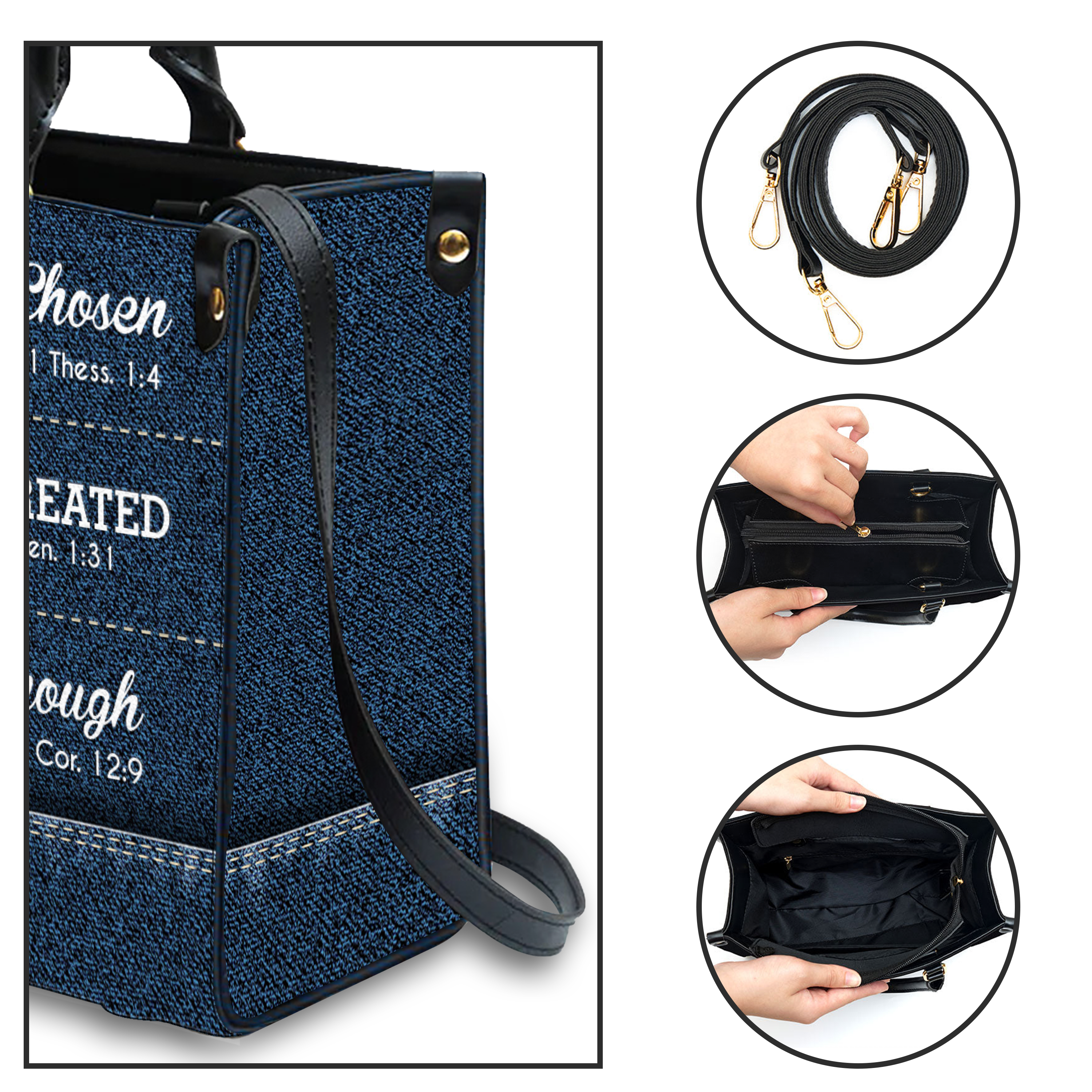 Blue Jean Texture Inspirational You Are Custom Leather Handbag - Personalized Custom Leather Bag