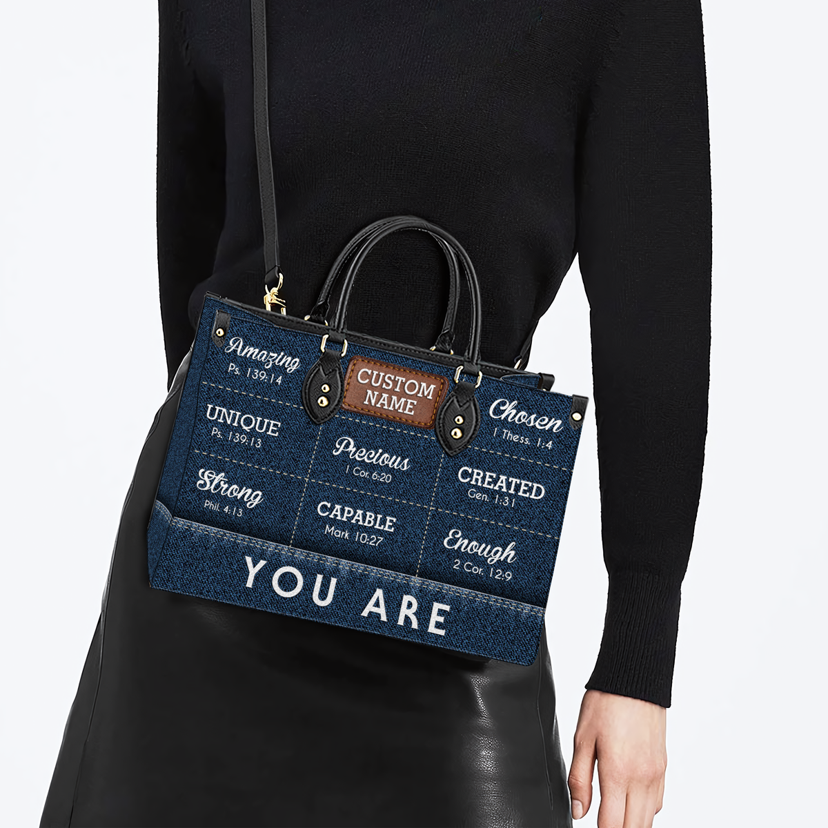 Blue Jean Texture Inspirational You Are Custom Leather Handbag - Personalized Custom Leather Bag