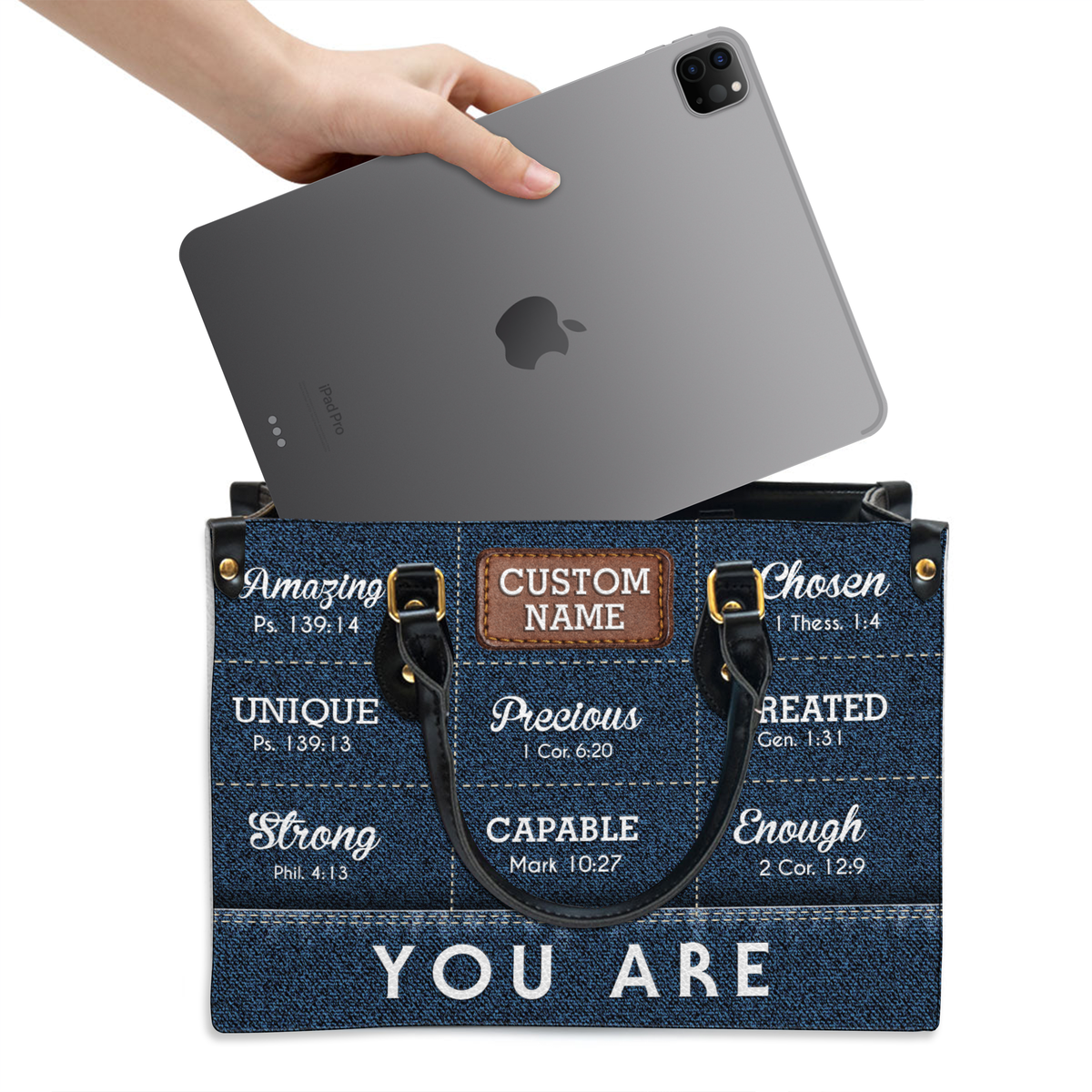 Blue Jean Texture Inspirational You Are Custom Leather Handbag - Personalized Custom Leather Bag