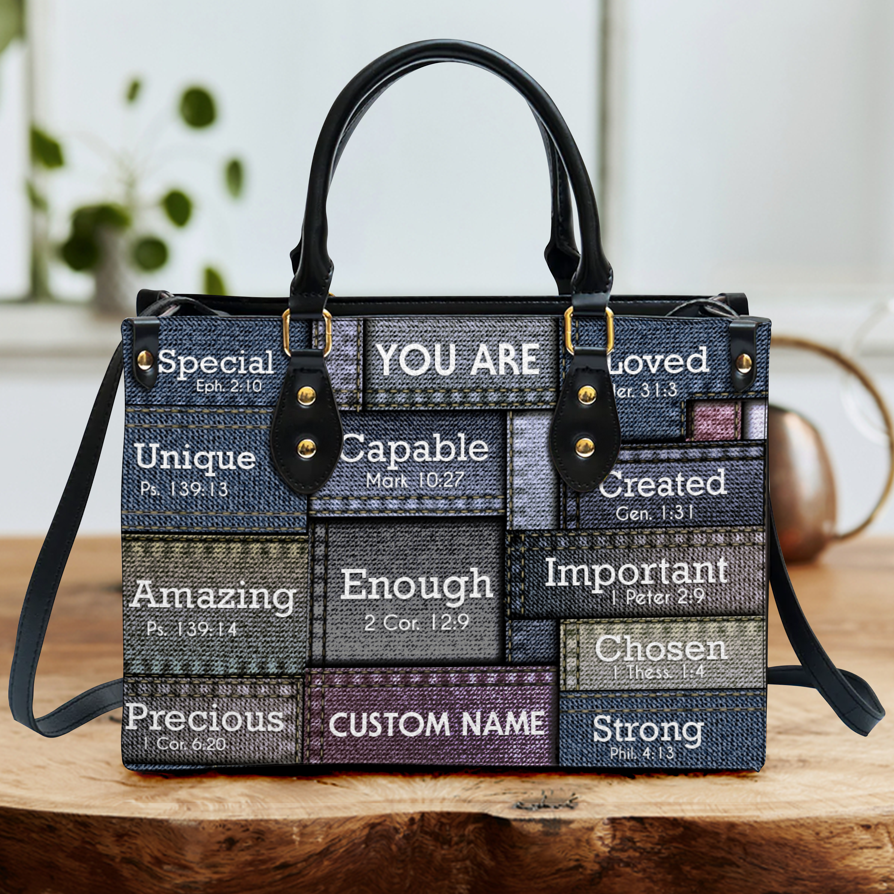 Colored Jean Texture Inspirational You Are Custom Leather Handbag - Personalized Custom Leather Bag