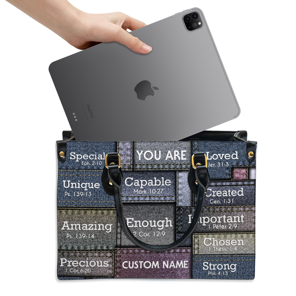 Colored Jean Texture Inspirational You Are Custom Leather Handbag - Personalized Custom Leather Bag