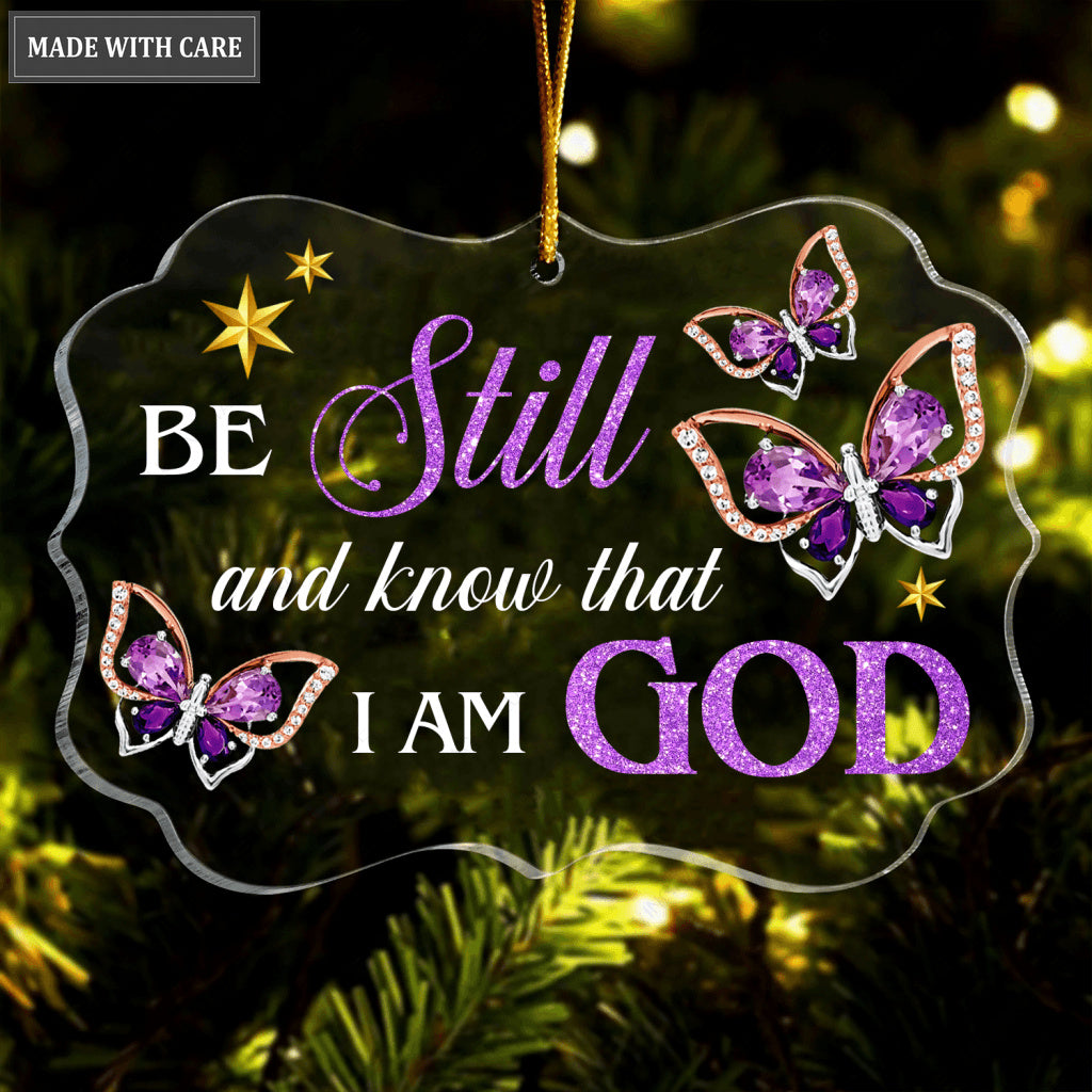 Purple Diamond Buttefly Be Still And Know That I Am God Transparent Ornament