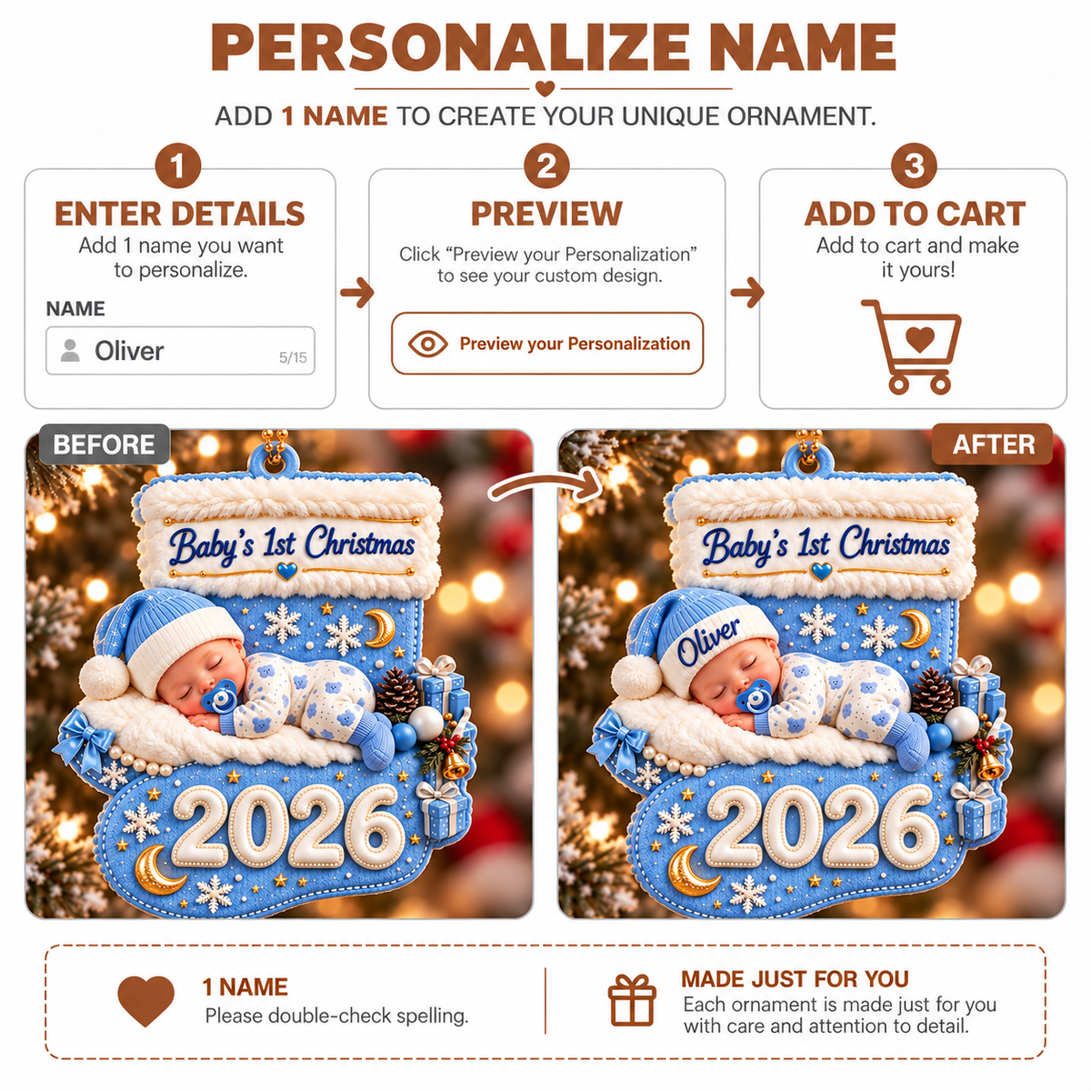 Personalized Baby’s First Christmas 2026 Ornament – Gift for BaBy