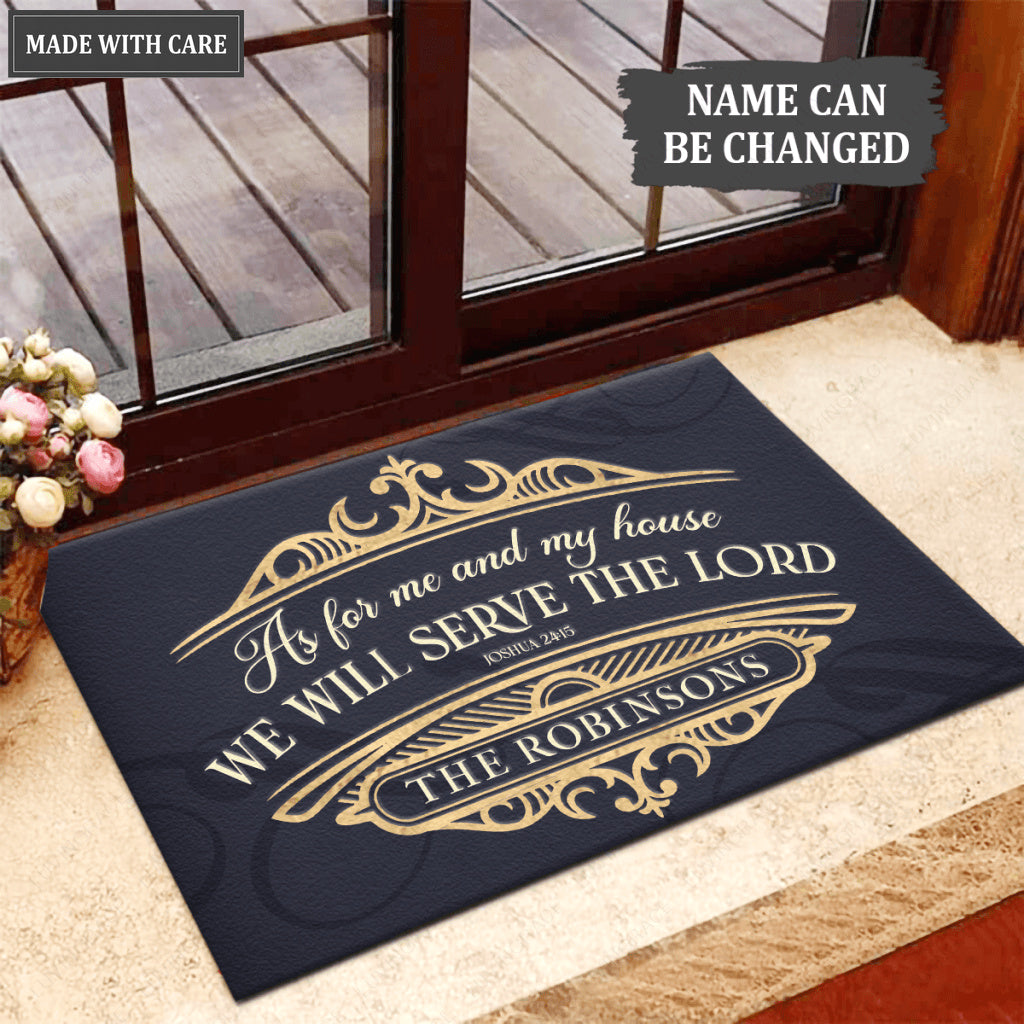 Personalized Gold Navy Luxury Serve The Lord Doormat