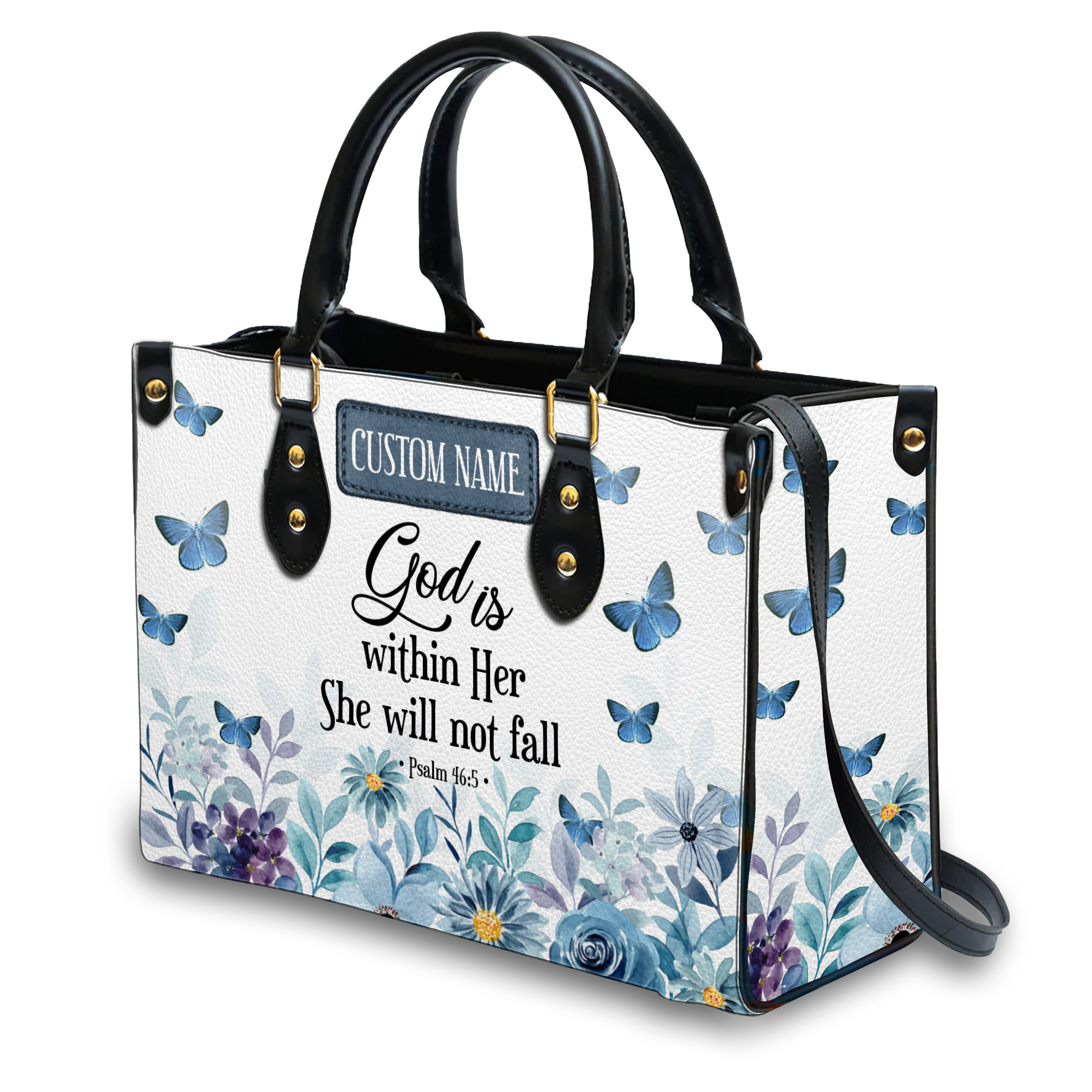 Blue Floral Inspirational She Will Not Fall Custom Leather Handbag - Personalized Custom Leather Bag