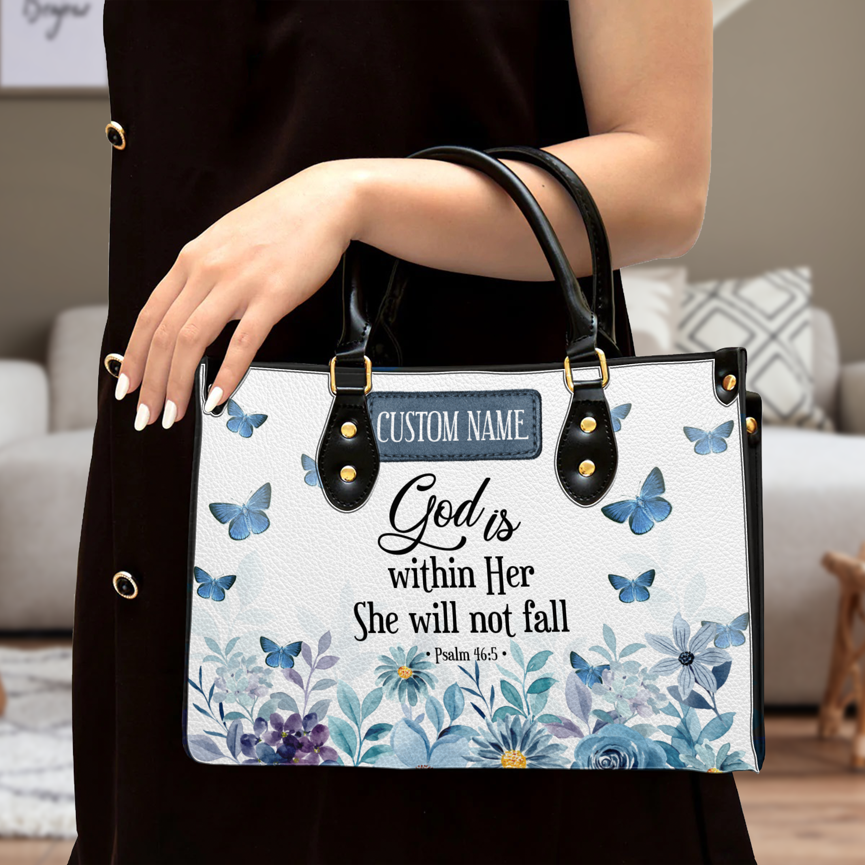 Blue Floral Inspirational She Will Not Fall Custom Leather Handbag - Personalized Custom Leather Bag