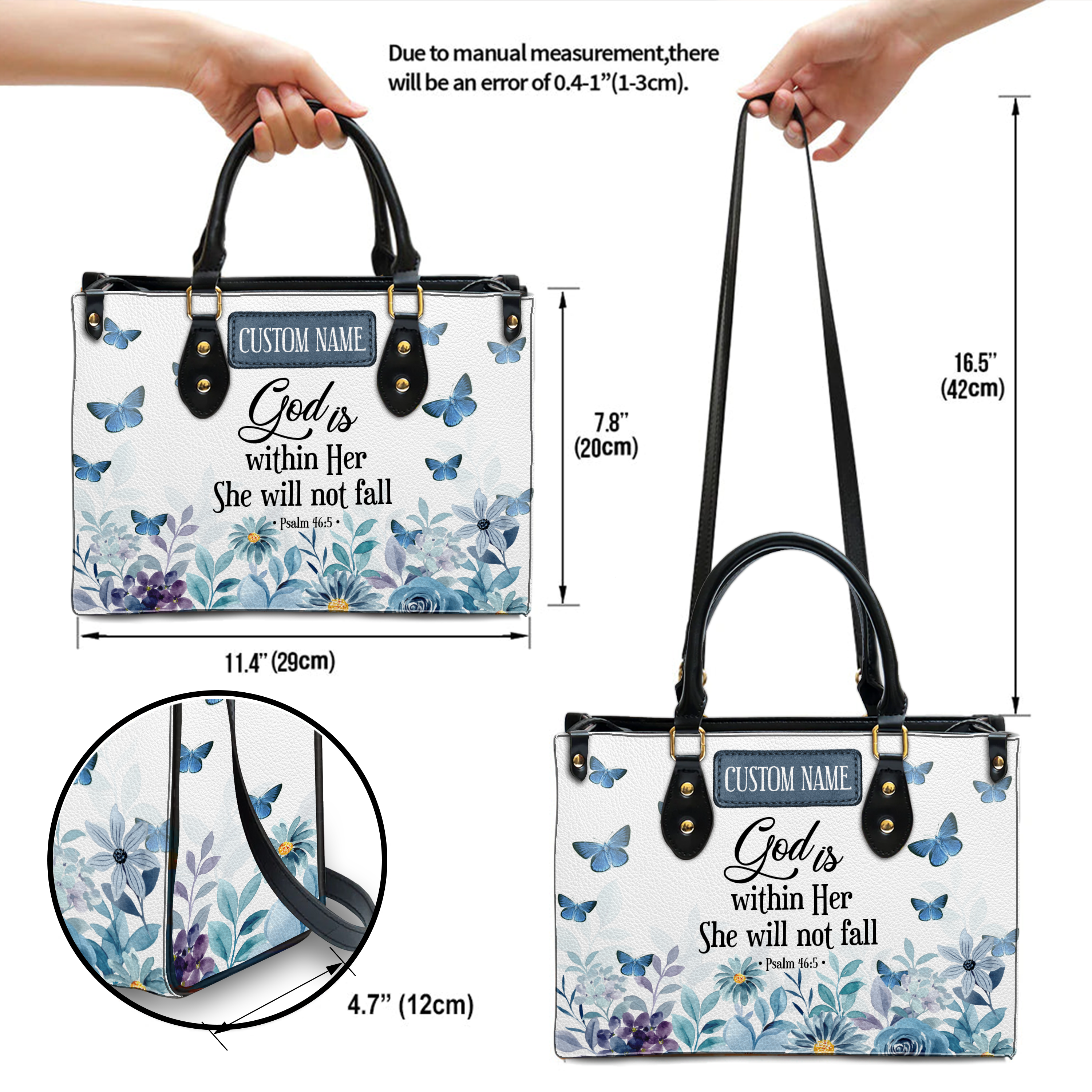 Blue Floral Inspirational She Will Not Fall Custom Leather Handbag - Personalized Custom Leather Bag
