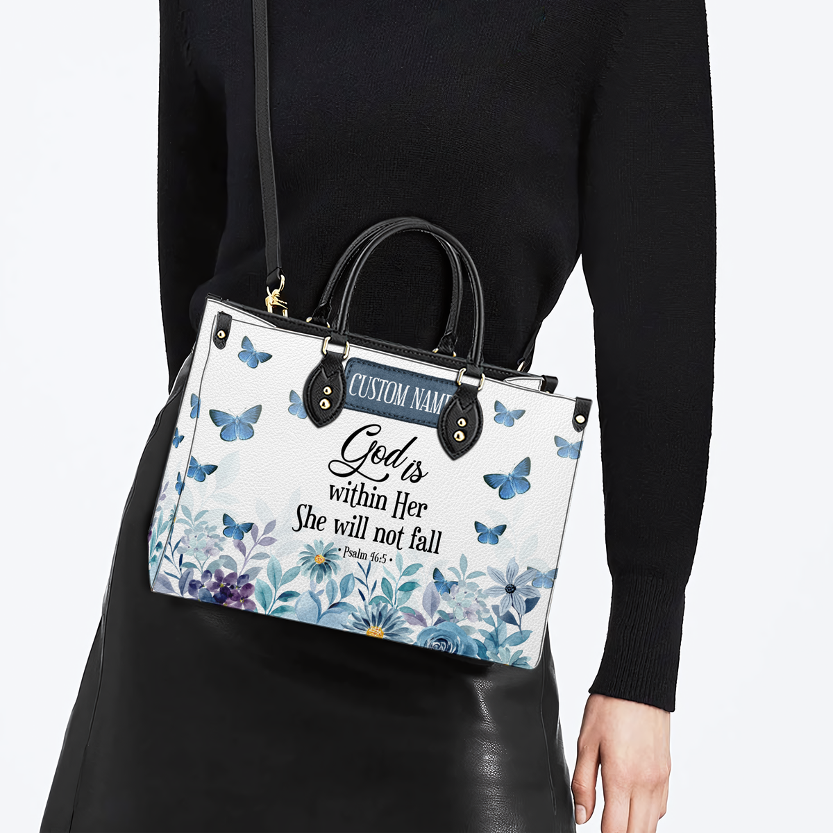 Blue Floral Inspirational She Will Not Fall Custom Leather Handbag - Personalized Custom Leather Bag