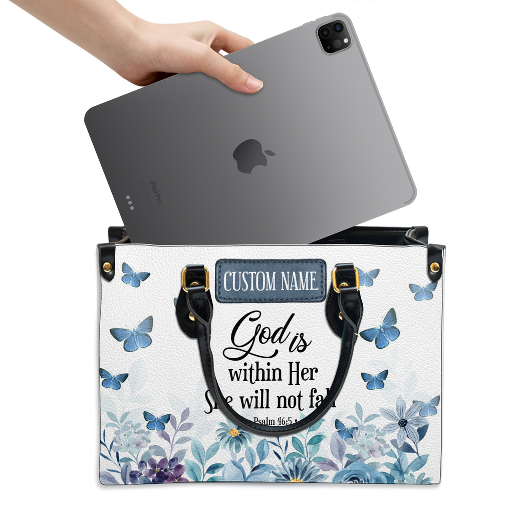 Blue Floral Inspirational She Will Not Fall Custom Leather Handbag - Personalized Custom Leather Bag