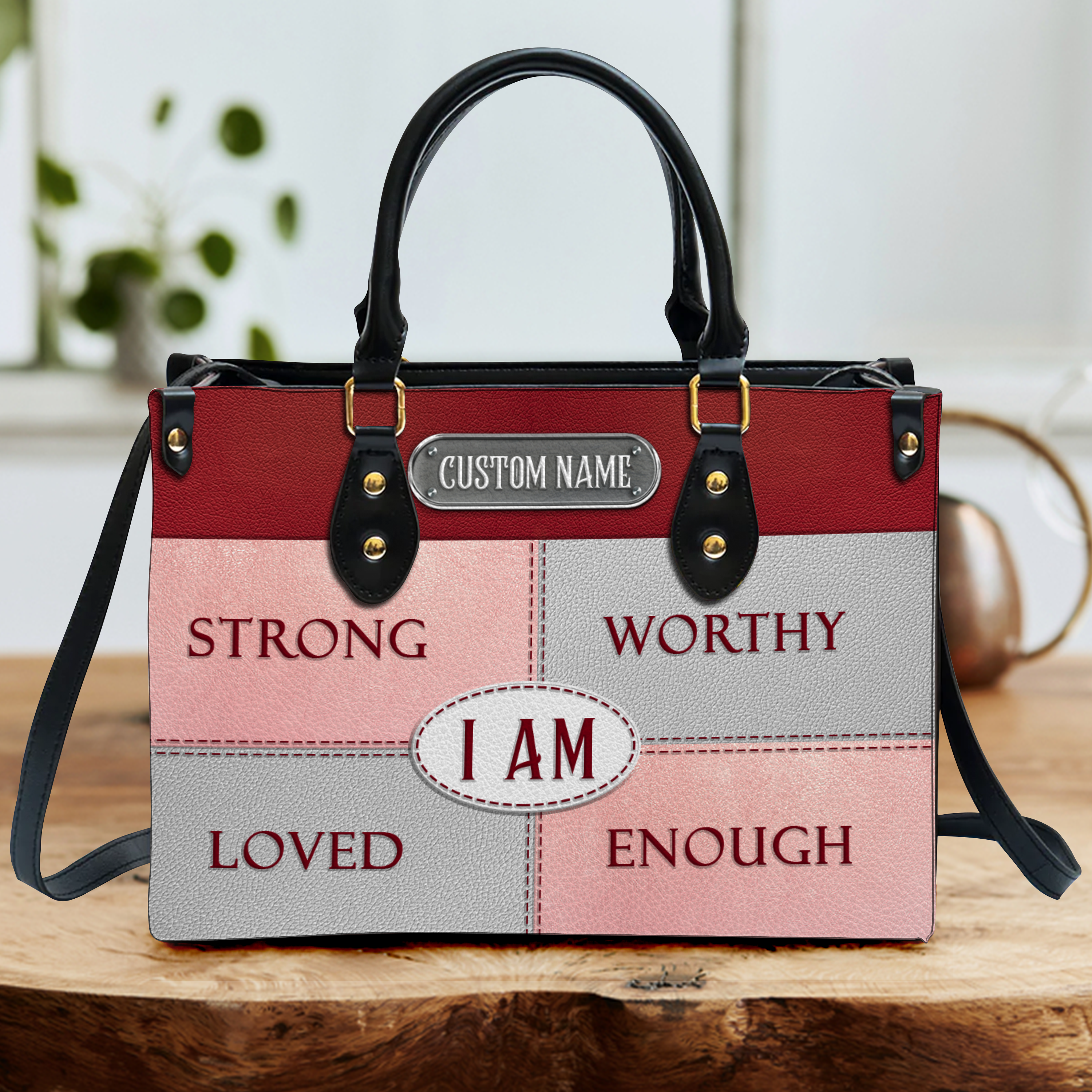 Red Leather Texture Inspirational I Am Custom Leather Handbag - Personalized Custom Leather Bag