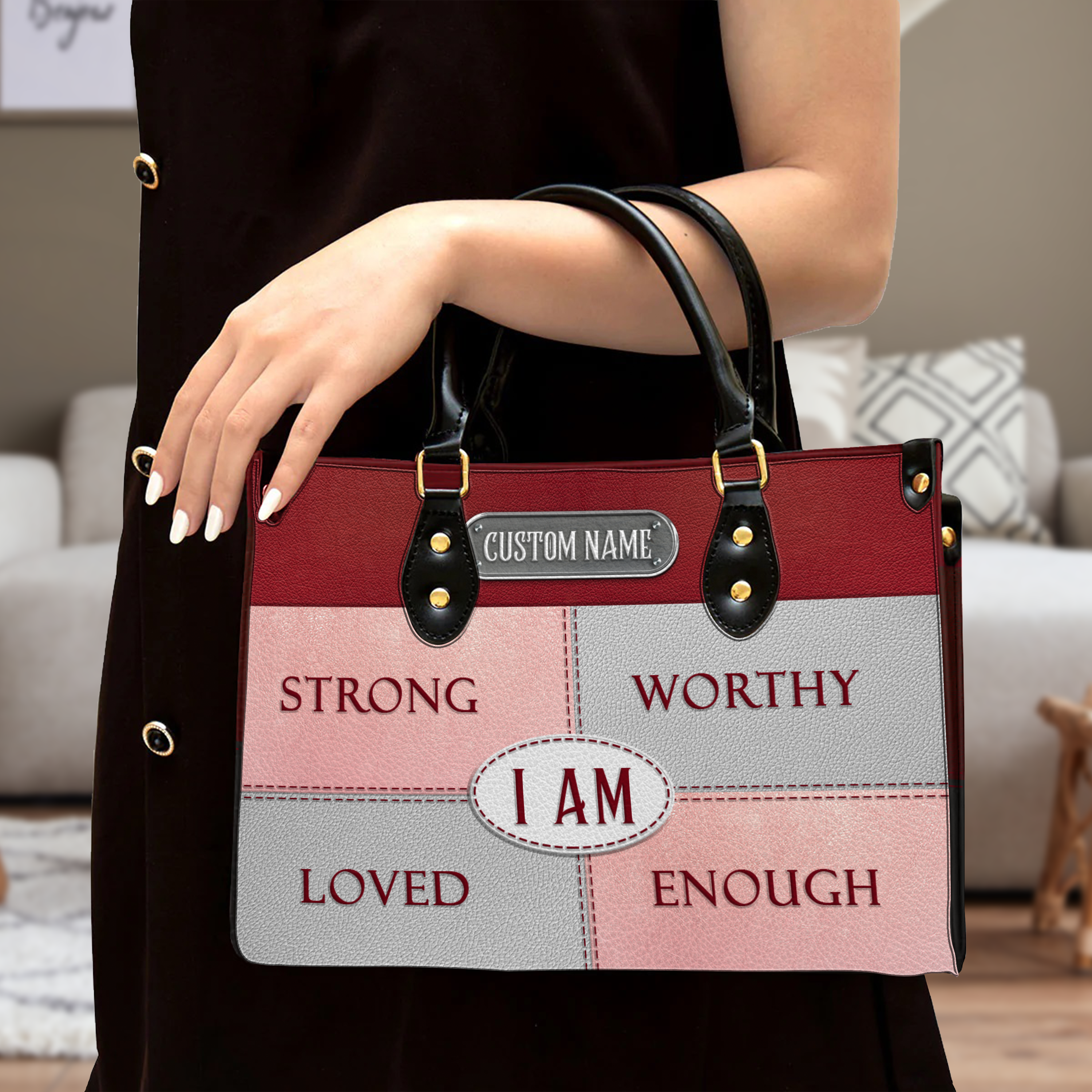 Red Leather Texture Inspirational I Am Custom Leather Handbag - Personalized Custom Leather Bag