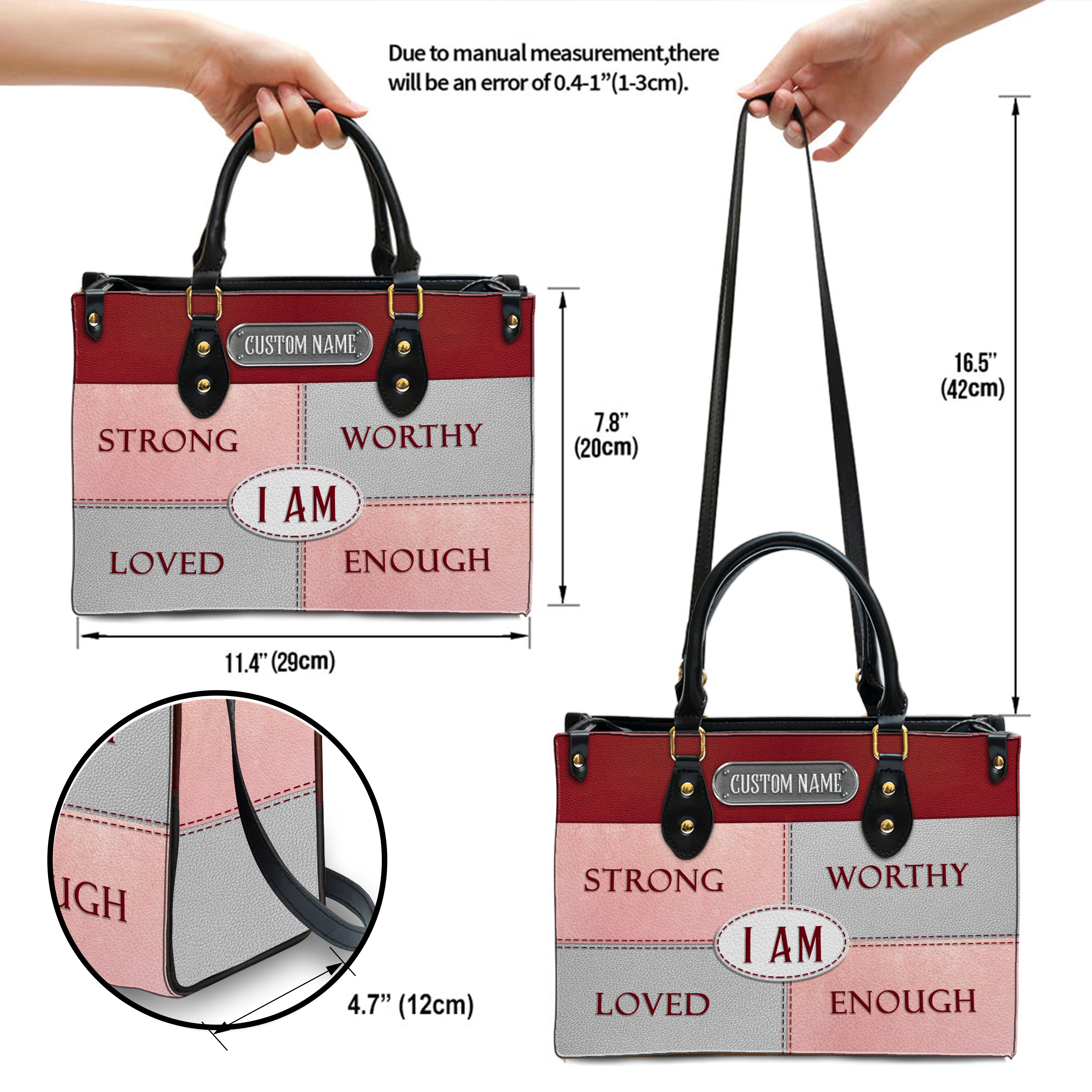 Red Leather Texture Inspirational I Am Custom Leather Handbag - Personalized Custom Leather Bag