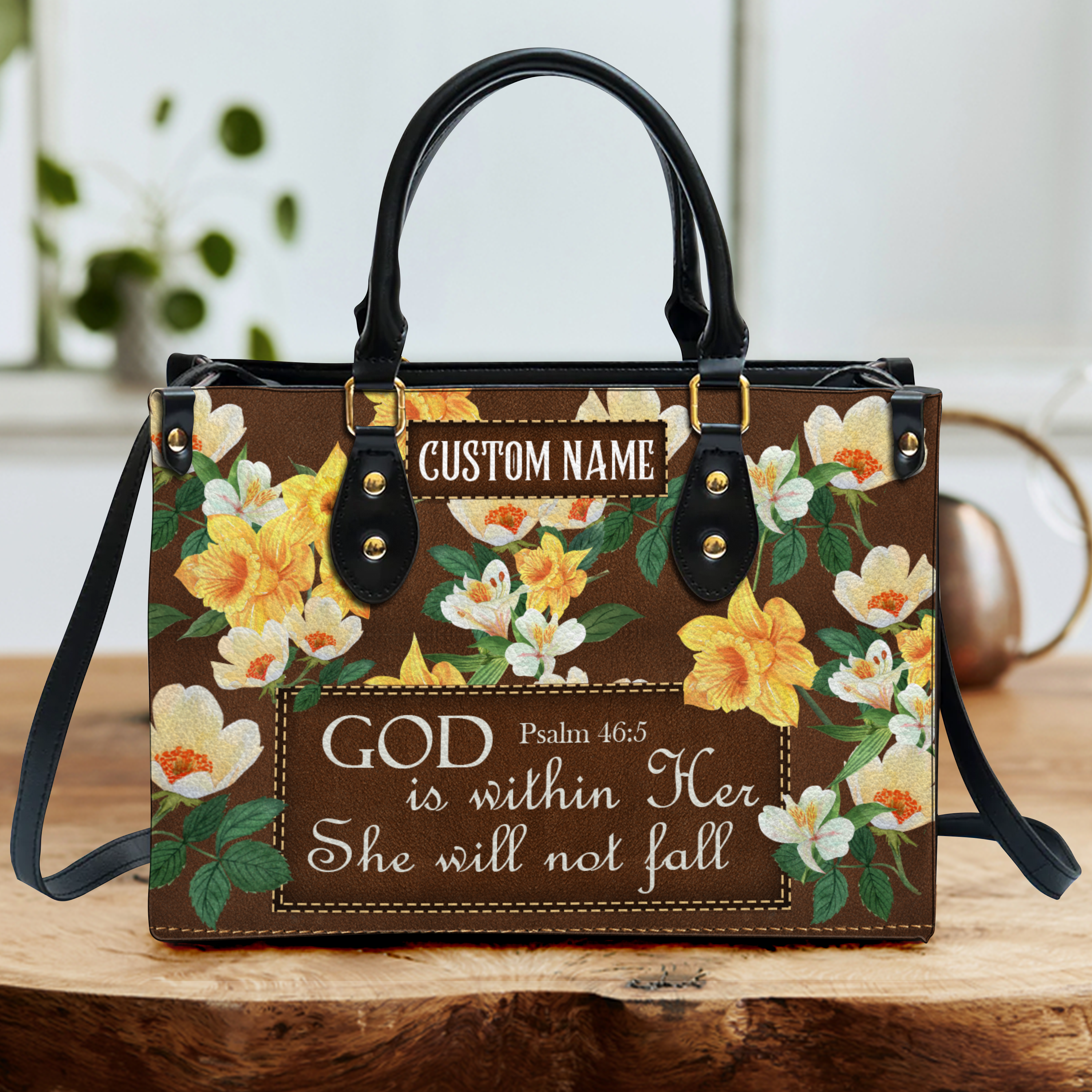 Vintage Flower Leather Inspirational She Will Not Fall Custom Leather Handbag - Personalized Custom Leather Bag