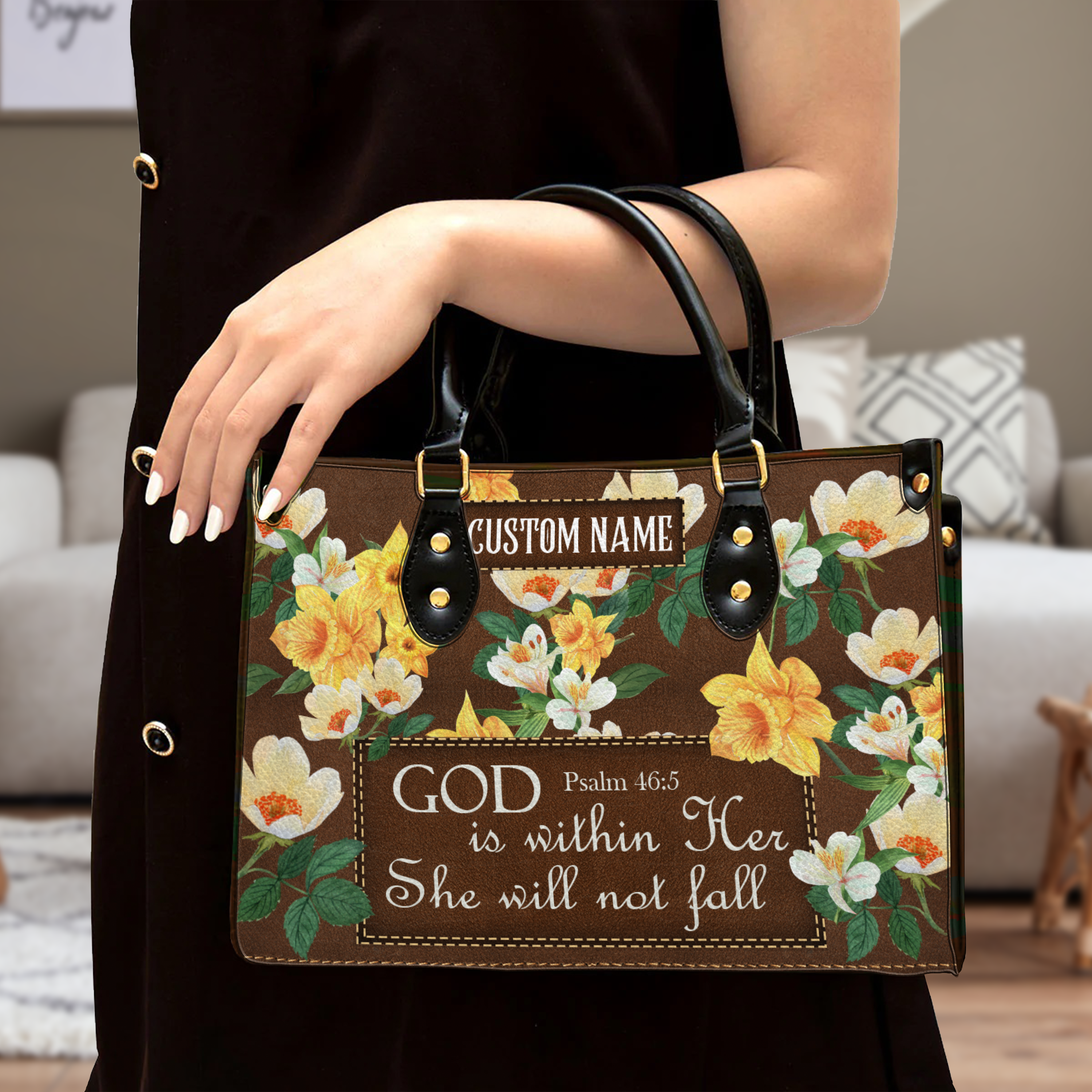 Vintage Flower Leather Inspirational She Will Not Fall Custom Leather Handbag - Personalized Custom Leather Bag