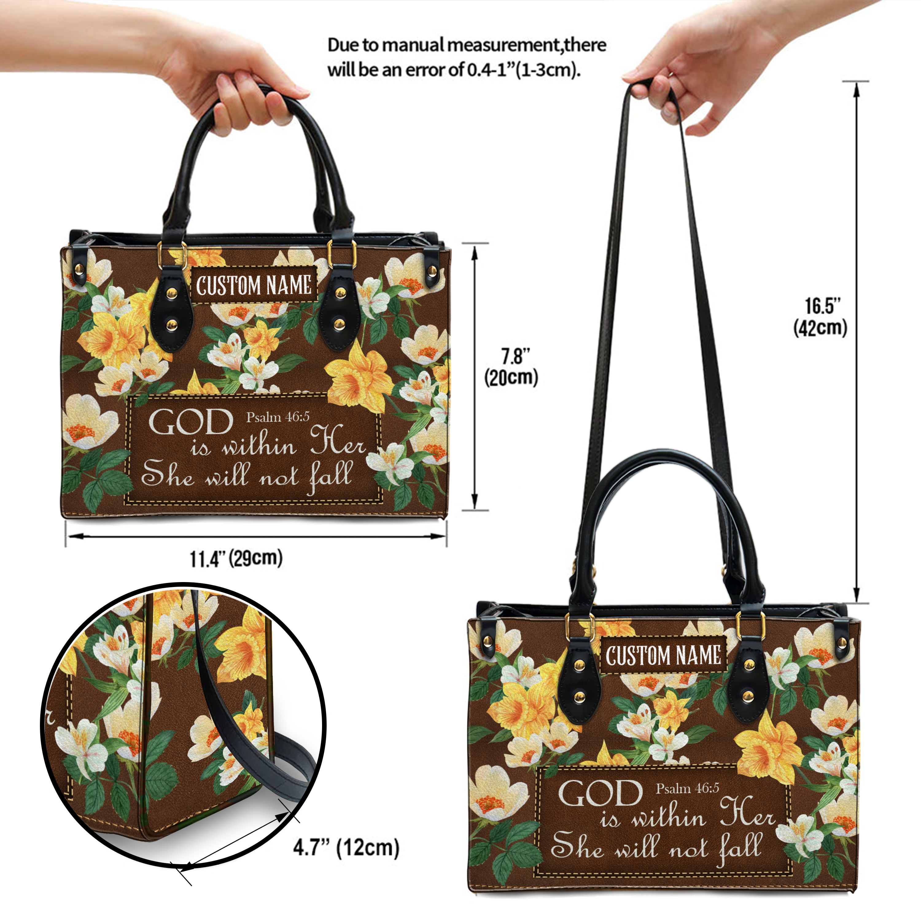 Vintage Flower Leather Inspirational She Will Not Fall Custom Leather Handbag - Personalized Custom Leather Bag