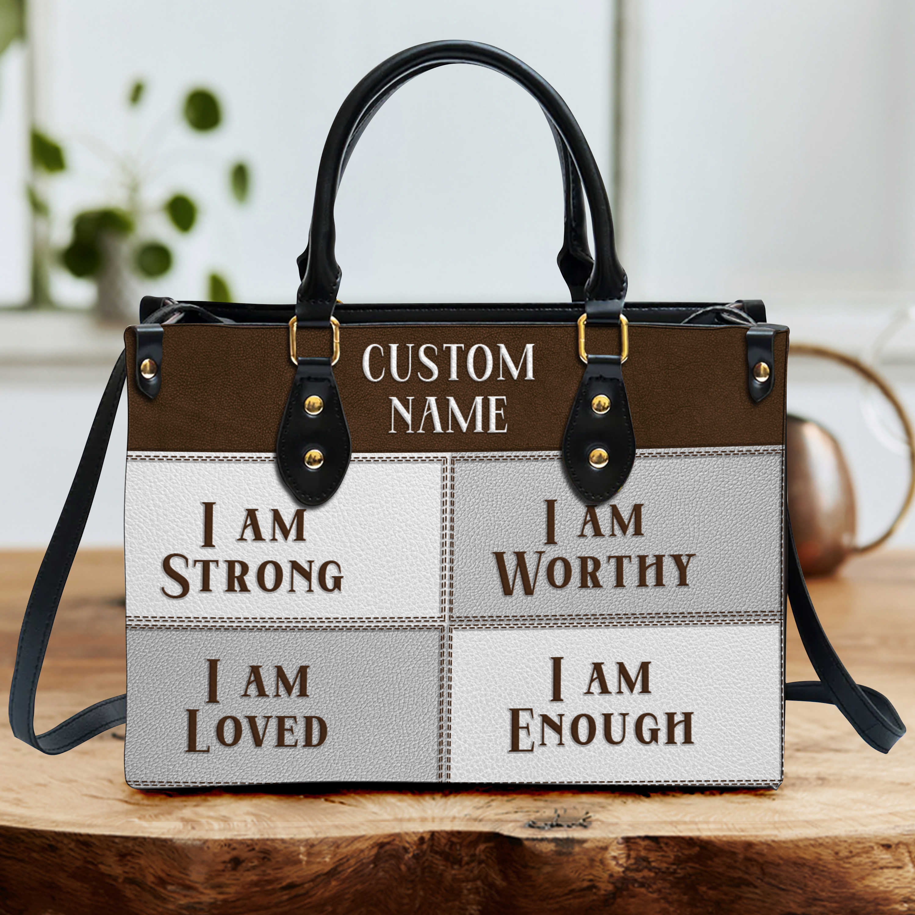 Vintage Leather Grey White Inspirational I Am Custom Leather Handbag - Personalized Custom Leather Bag
