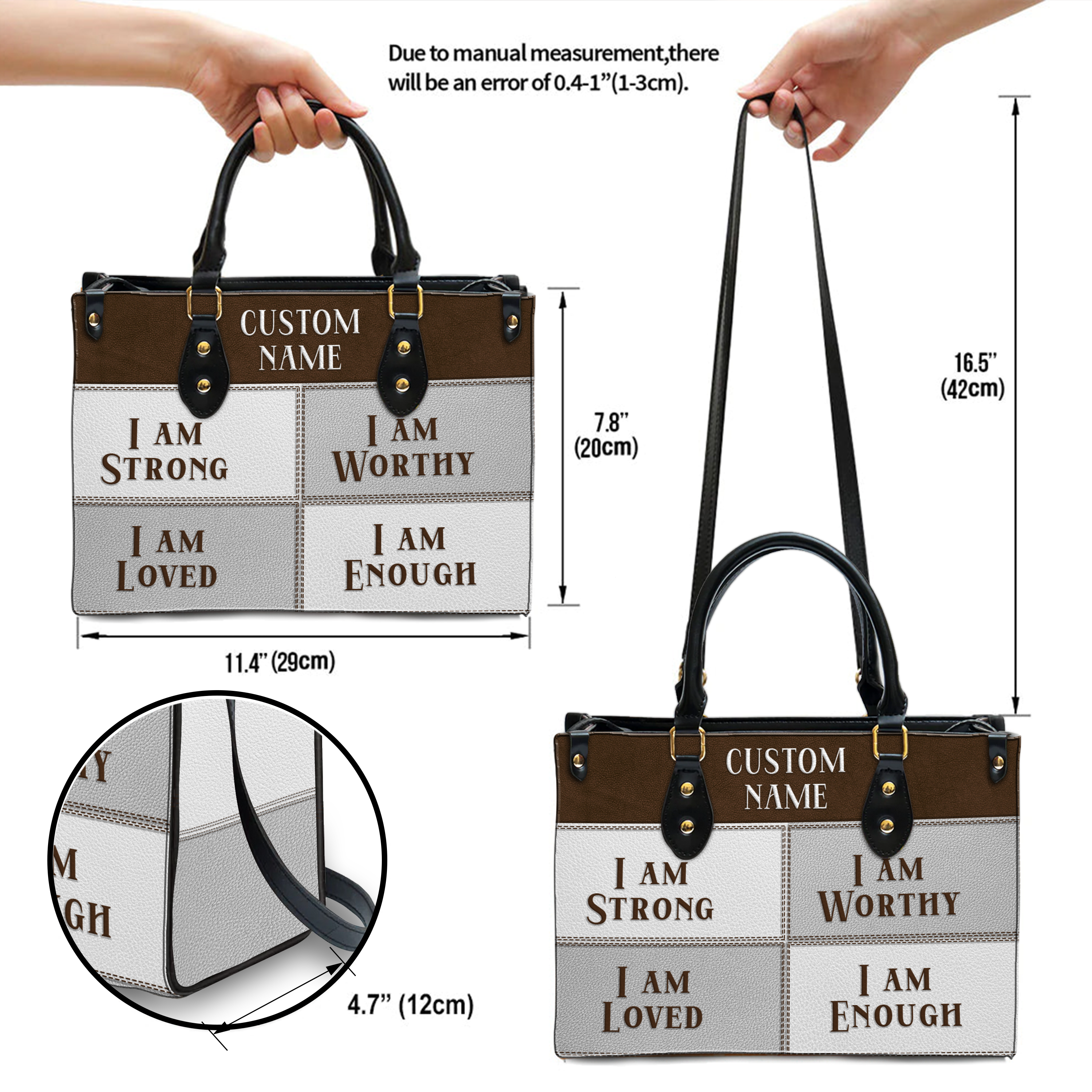 Vintage Leather Grey White Inspirational I Am Custom Leather Handbag - Personalized Custom Leather Bag