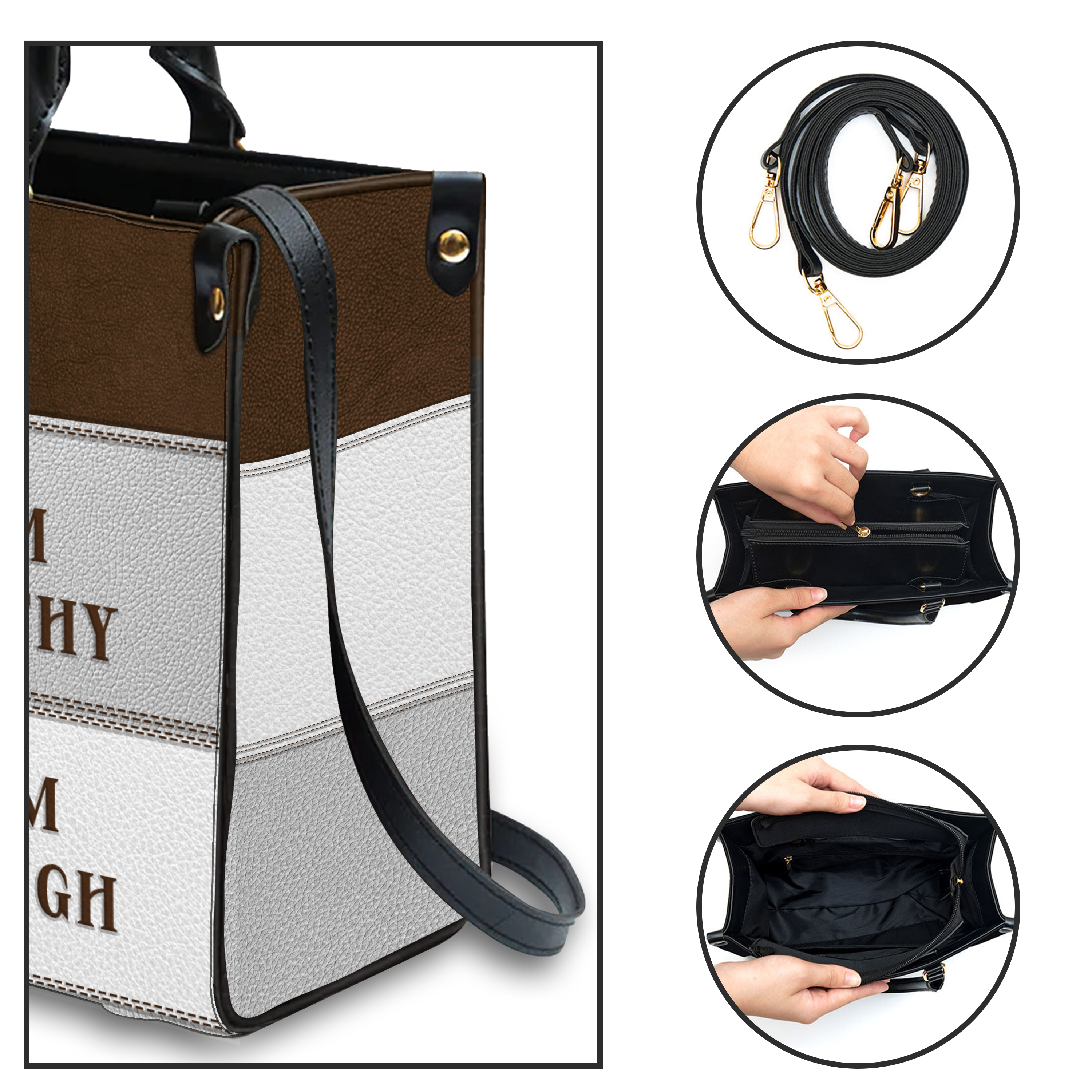 Vintage Leather Grey White Inspirational I Am Custom Leather Handbag - Personalized Custom Leather Bag