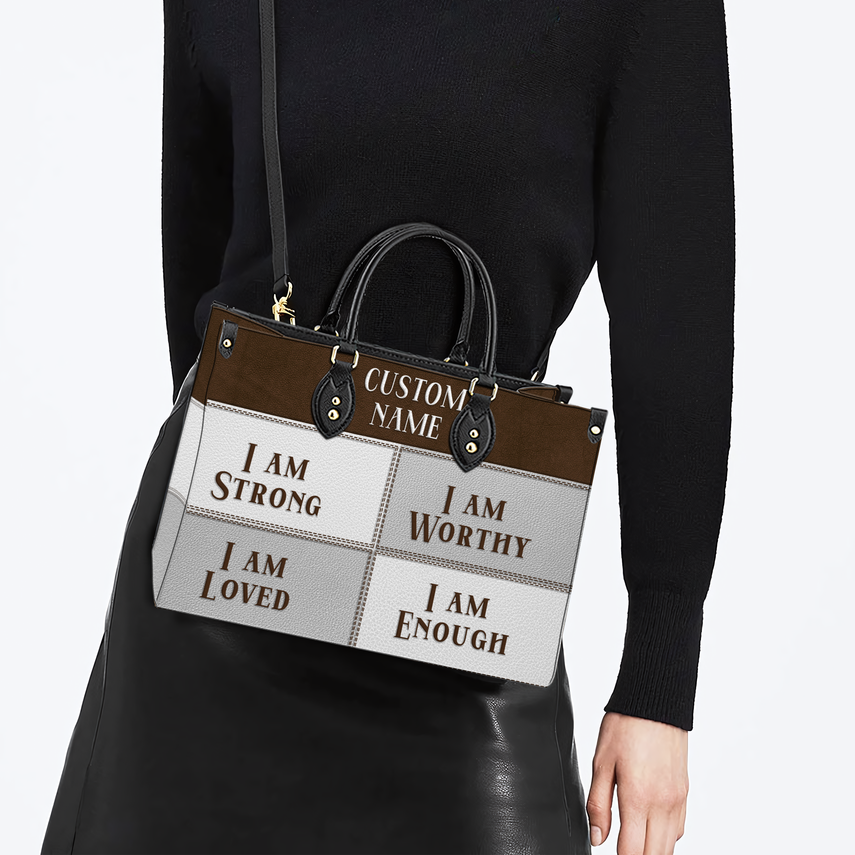 Vintage Leather Grey White Inspirational I Am Custom Leather Handbag - Personalized Custom Leather Bag