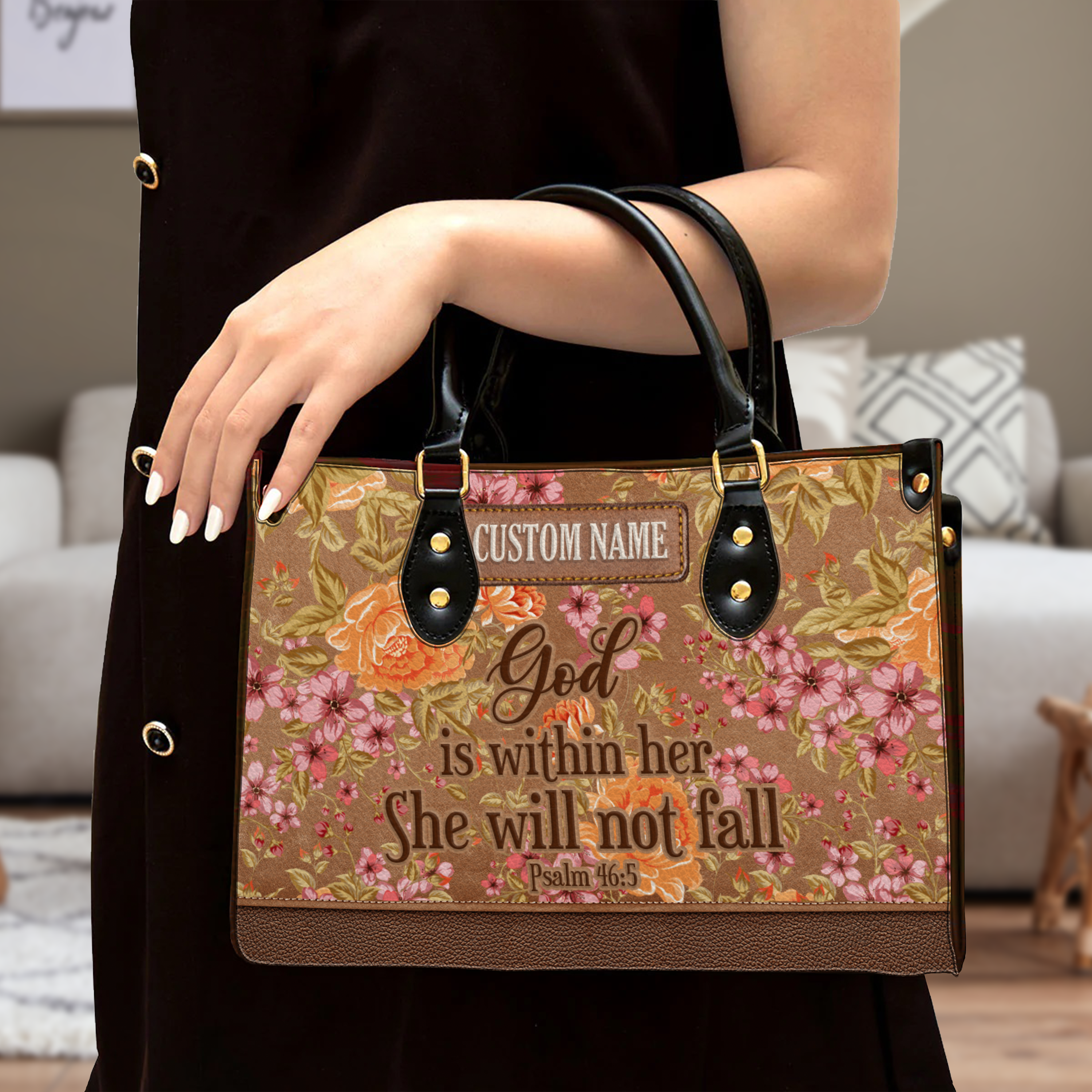 Vintage Roses Flower Leather Inspirational She Will Not Fall Custom Leather Handbag - Personalized Custom Leather Bag