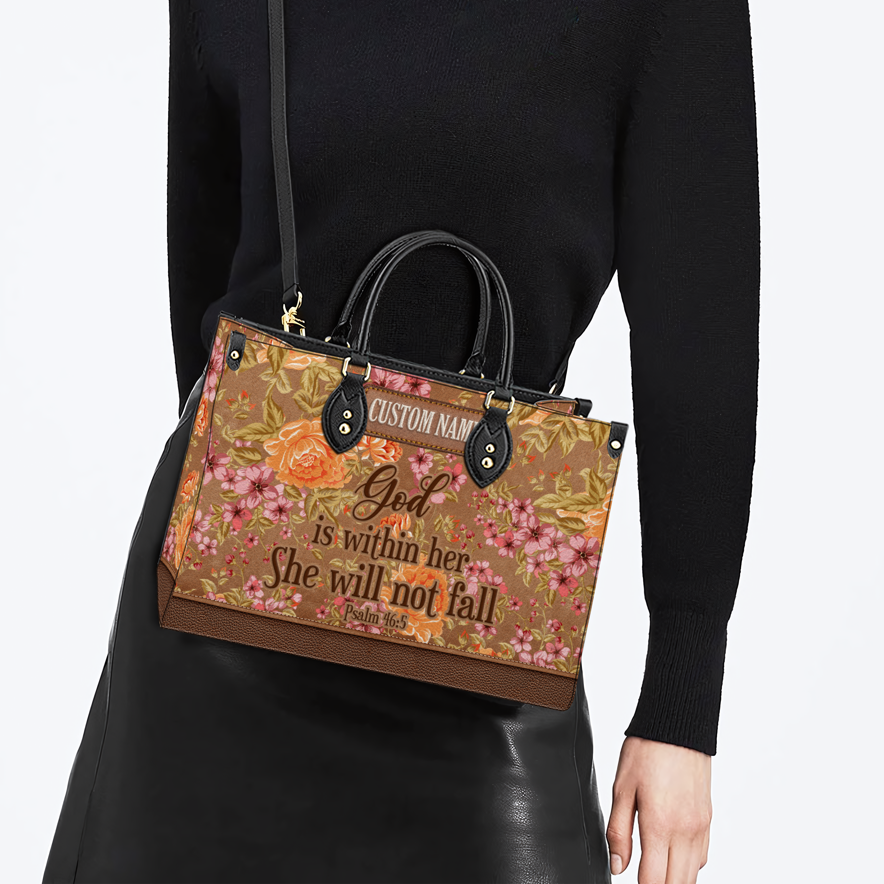 Vintage Roses Flower Leather Inspirational She Will Not Fall Custom Leather Handbag - Personalized Custom Leather Bag
