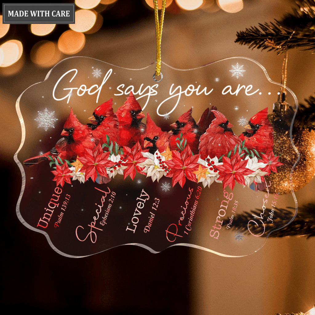 Christmas Cardinal Birds And Poinsettia Flowers God Says You Are Transparent Ornament