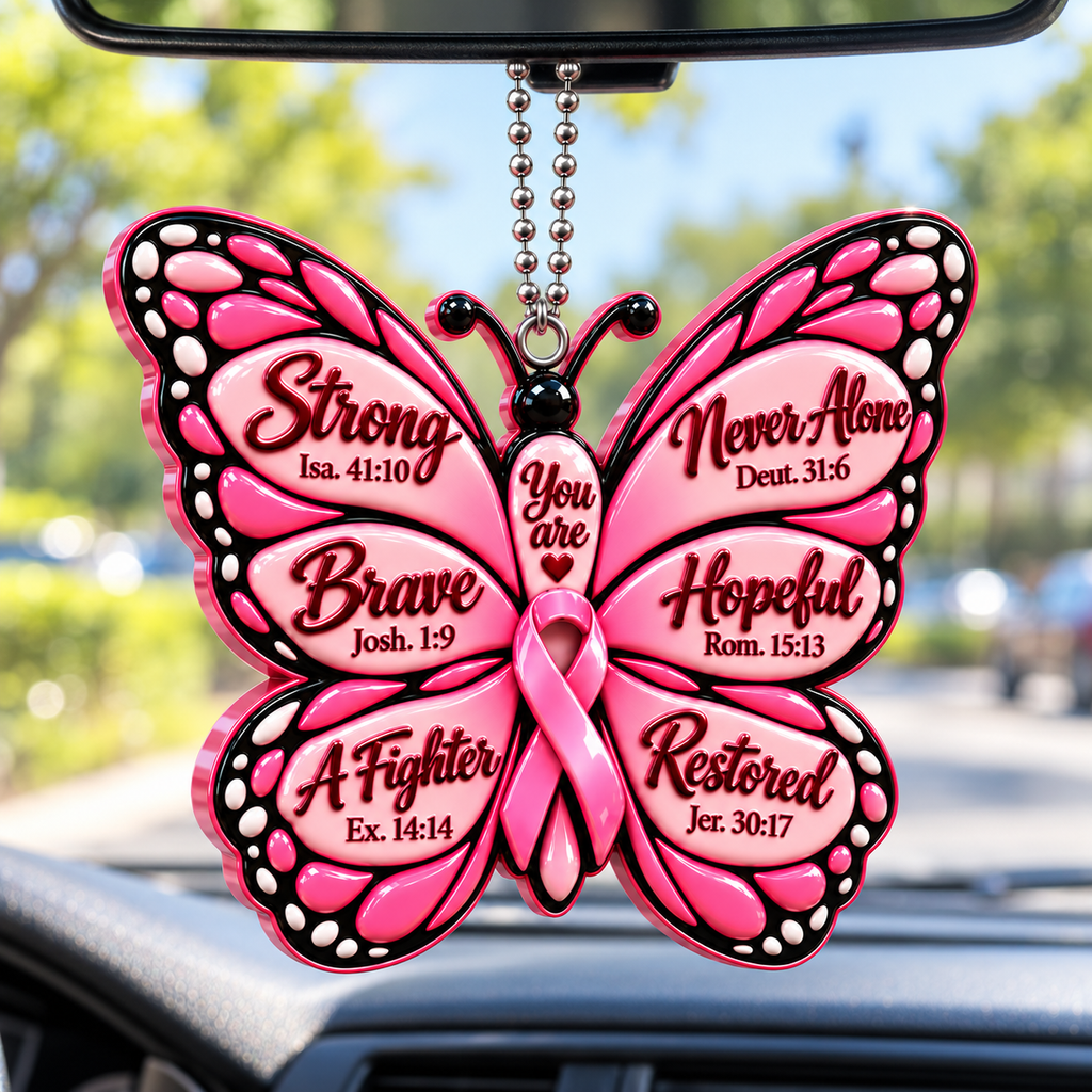 3D Raised Pink Butterfly Breast Cancer Survivor Ornament – Bible Verse Gift For Her