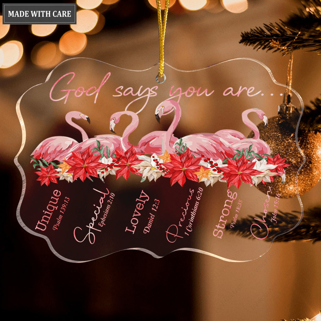 Pink Flamingo And Poinsettia God Says You Are Transparent Ornament