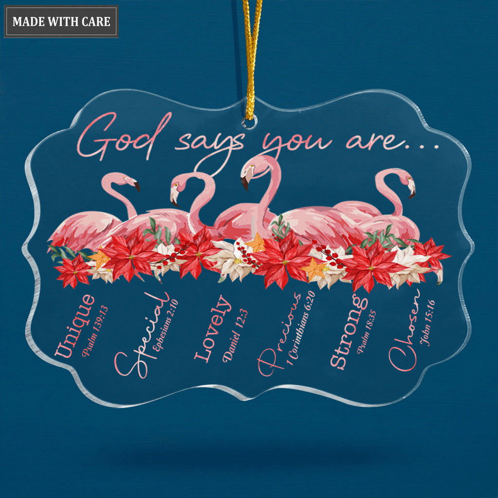 Pink Flamingo And Poinsettia God Says You Are Transparent Ornament