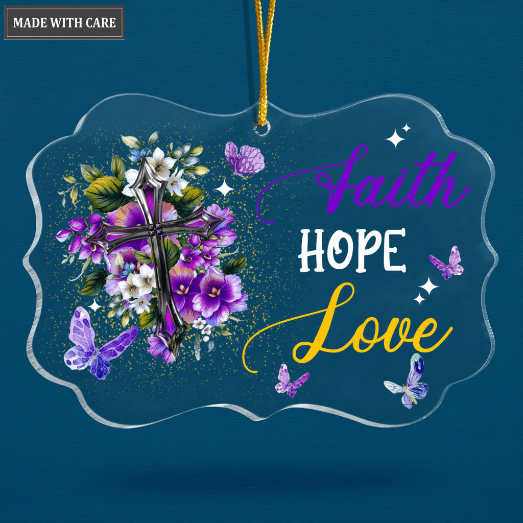 Purple Flower Cross Butterfly Faith Hope Love Transparent Ornament