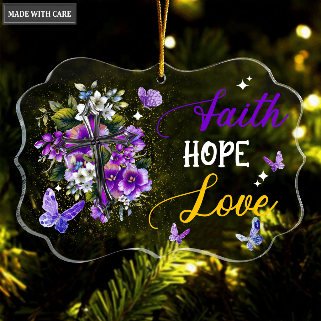 Purple Flower Cross Butterfly Faith Hope Love Transparent Ornament
