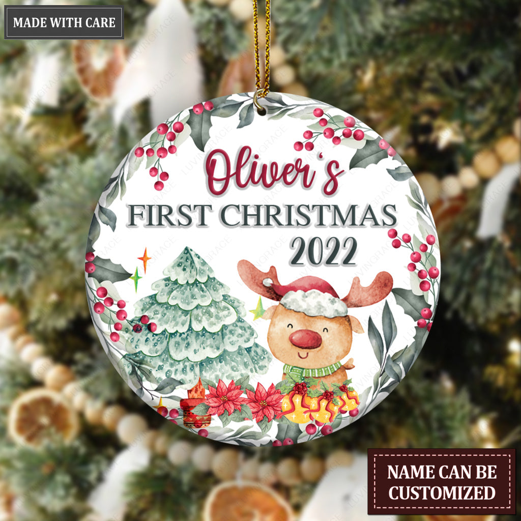 First Christmas Lovely Reindeer Pine Floral Personalized Ornament
