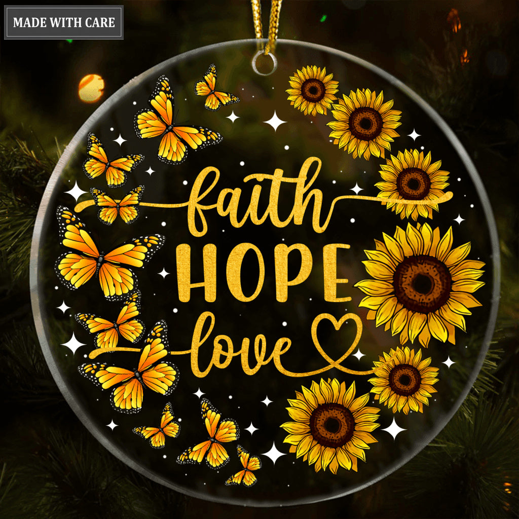Sunflower Butterfly Glitter Faith Hope Love Transparent Ornament