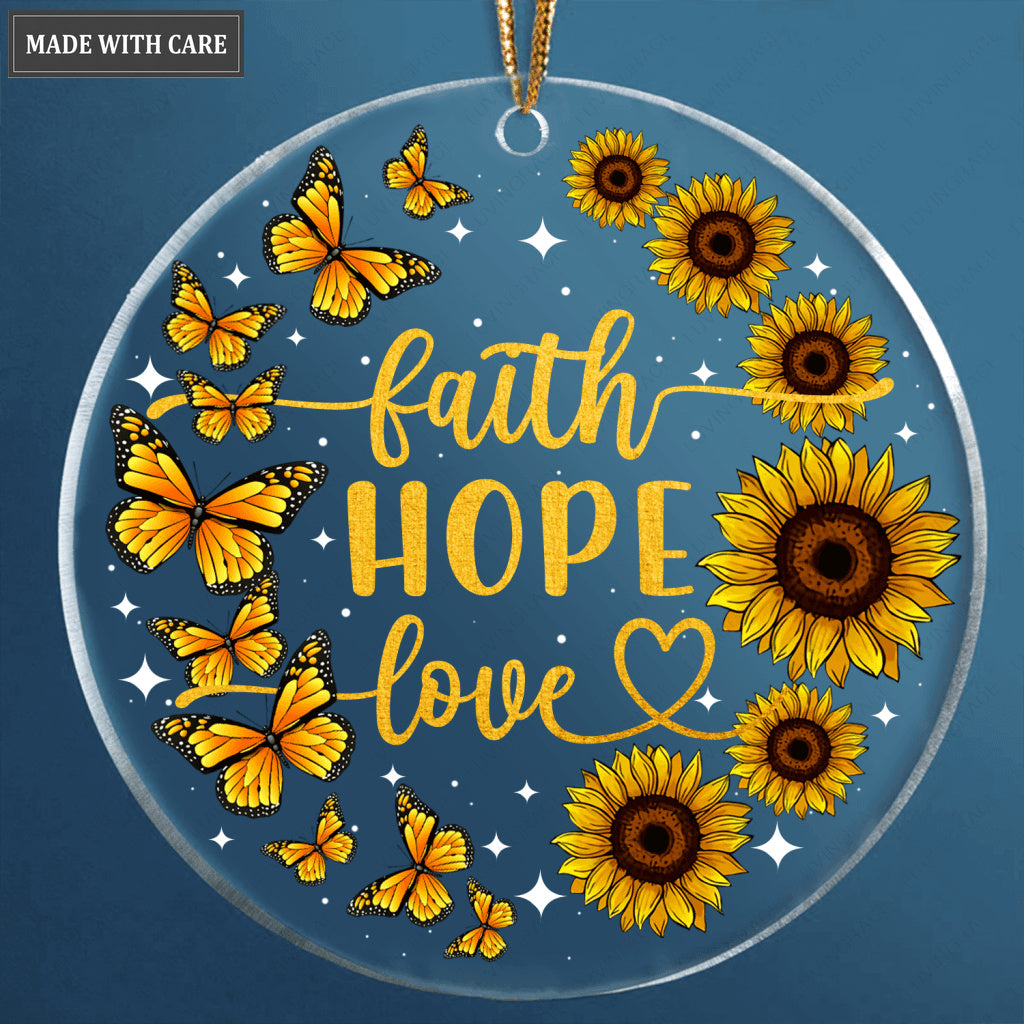 Sunflower Butterfly Glitter Faith Hope Love Transparent Ornament