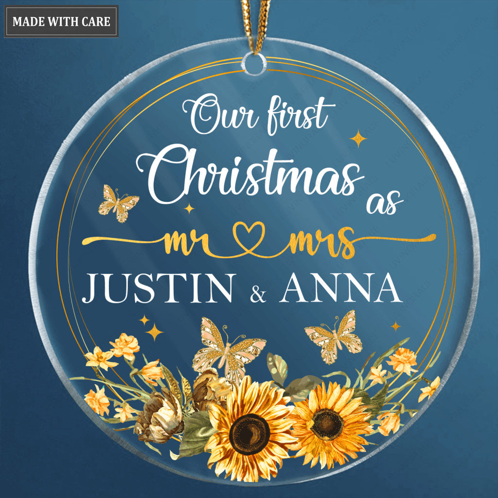 Sunflower Frame Butterfly Our First Christmas Couple Personalized Transparent Ornament