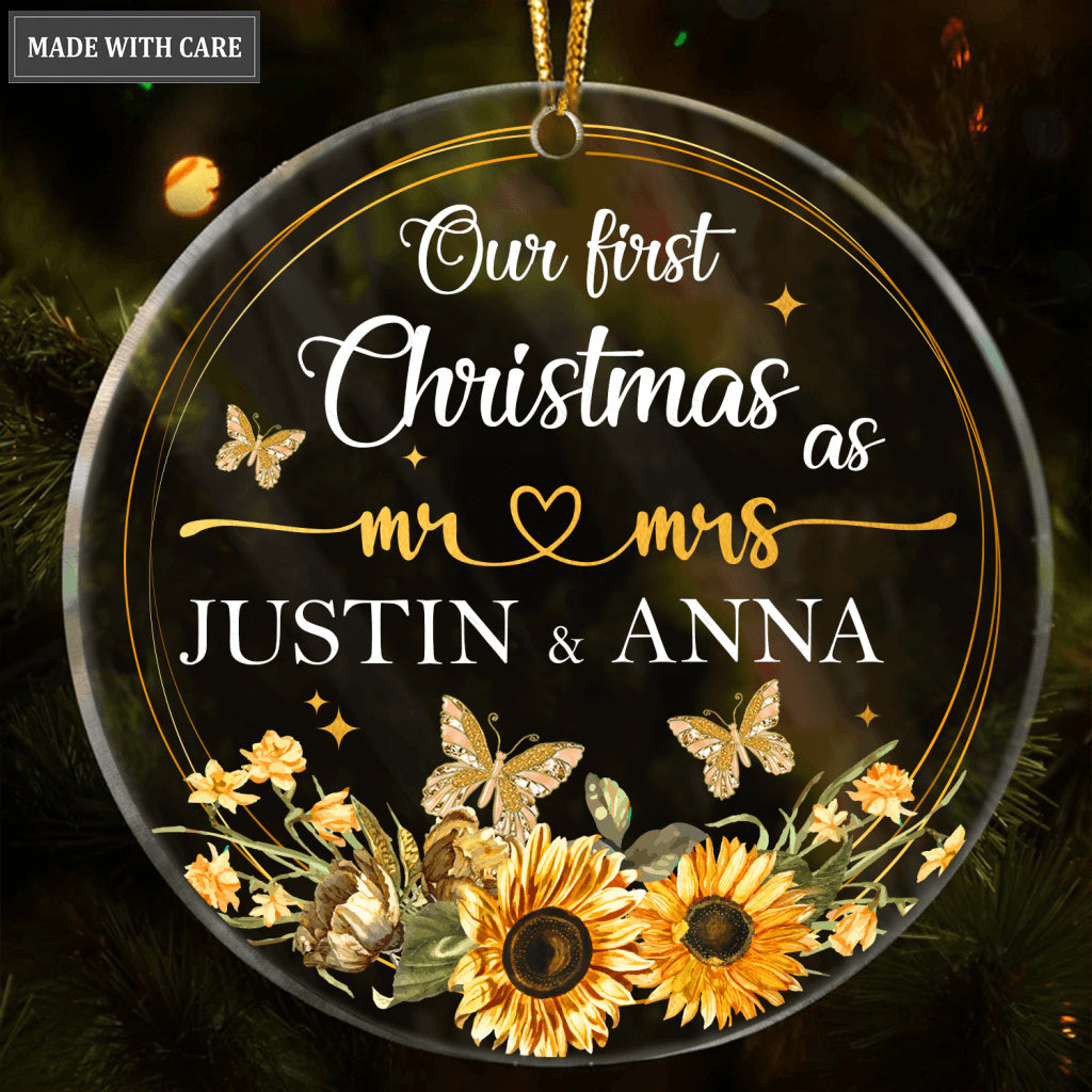 Sunflower Frame Butterfly Our First Christmas Couple Personalized Transparent Ornament