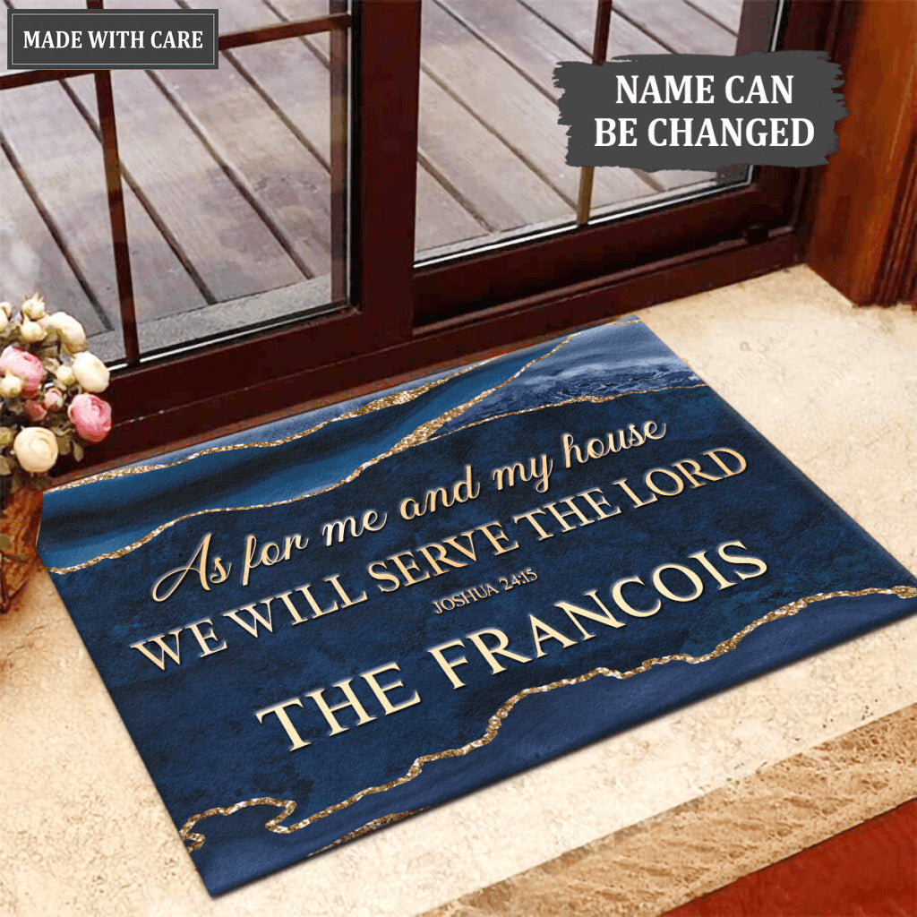 Personalized Chic Navy Blue Gold Serve The Lord Doormat