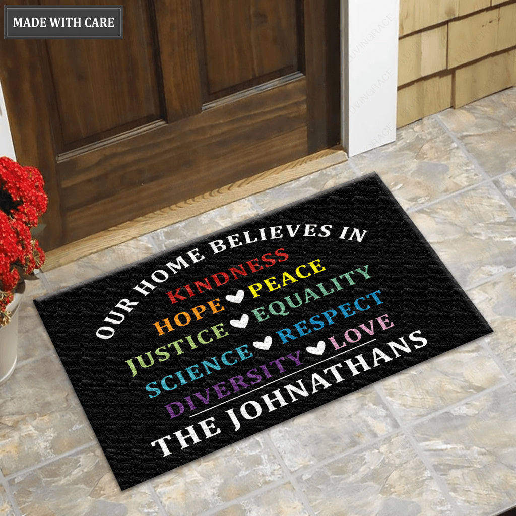 Our Home Believes In KIndness Hope Peace Personalized Doormat