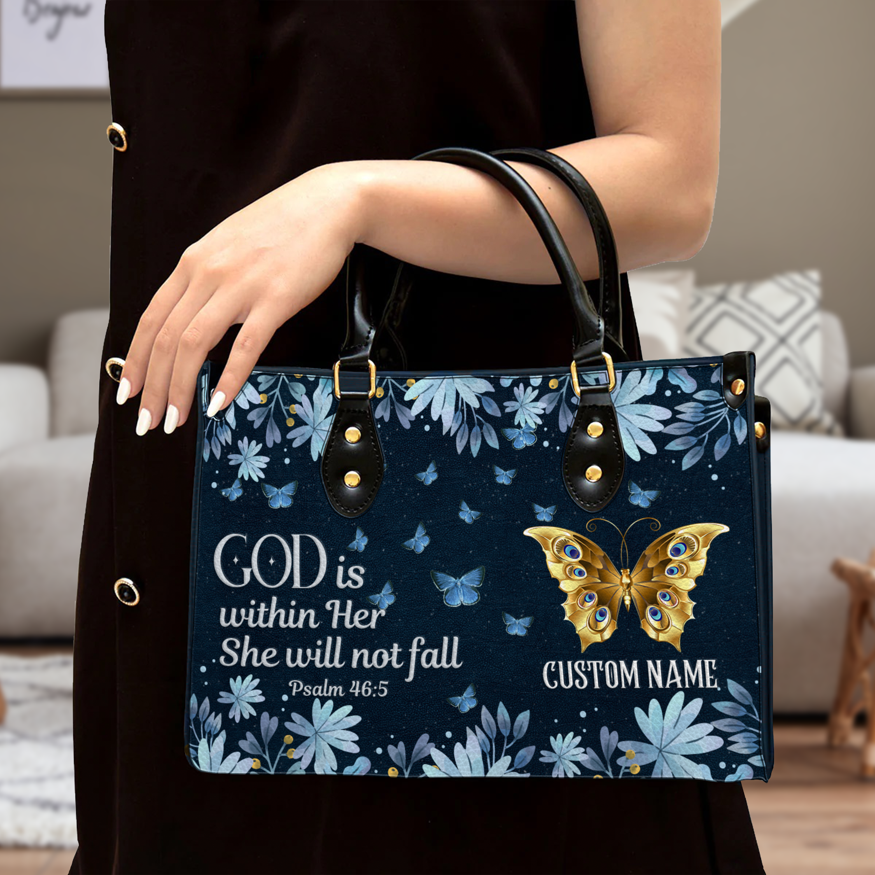 Blue Floral Butterfly Inspirational She Will Not Fall Custom Leather Handbag - Personalized Custom Leather Bag