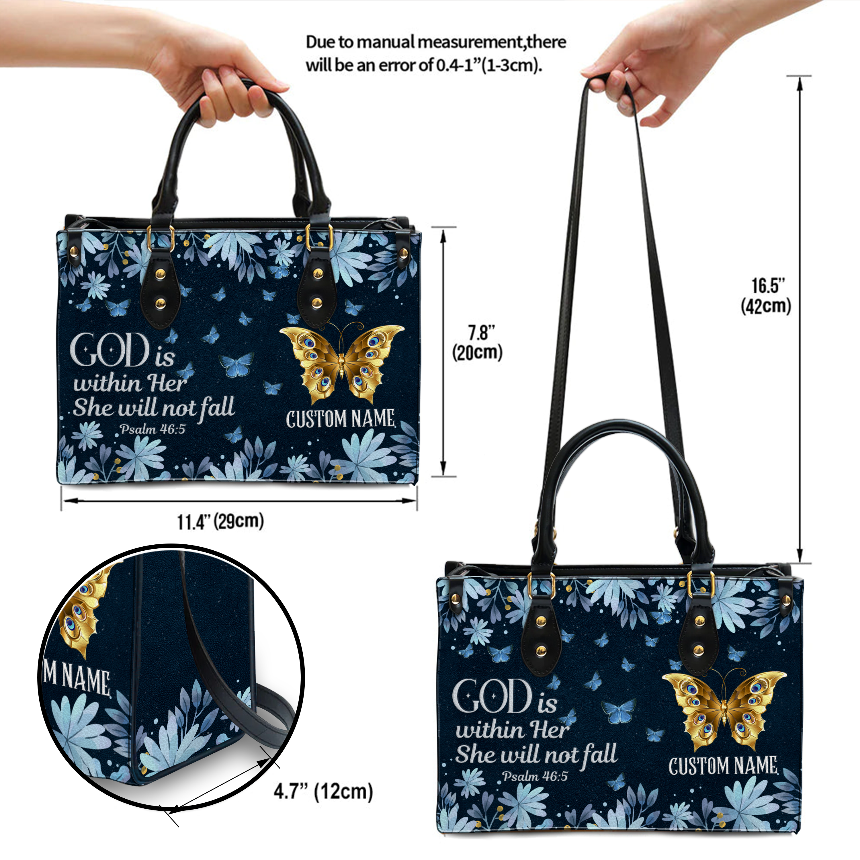 Blue Floral Butterfly Inspirational She Will Not Fall Custom Leather Handbag - Personalized Custom Leather Bag